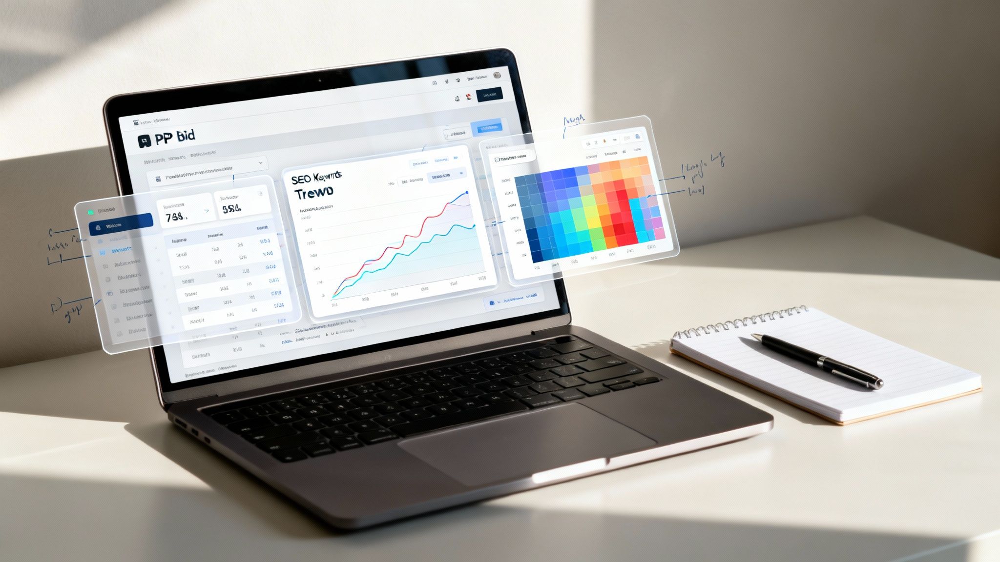 Laptop displays a digital marketing dashboard with data, SEO trends, and a color palette, next to a notebook.