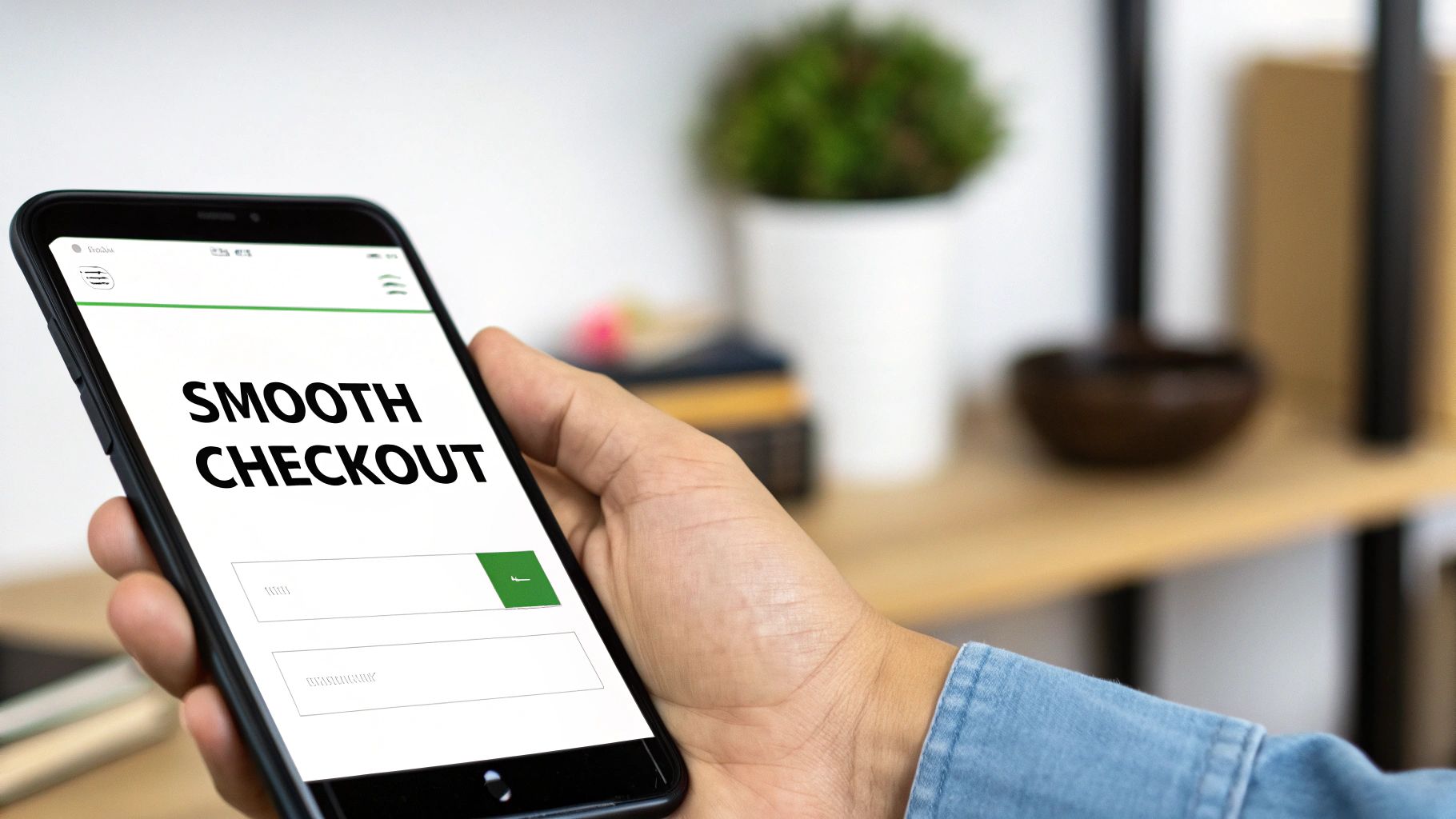 A person holds a smartphone showing a 'Smooth Checkout' screen for easy online shopping.