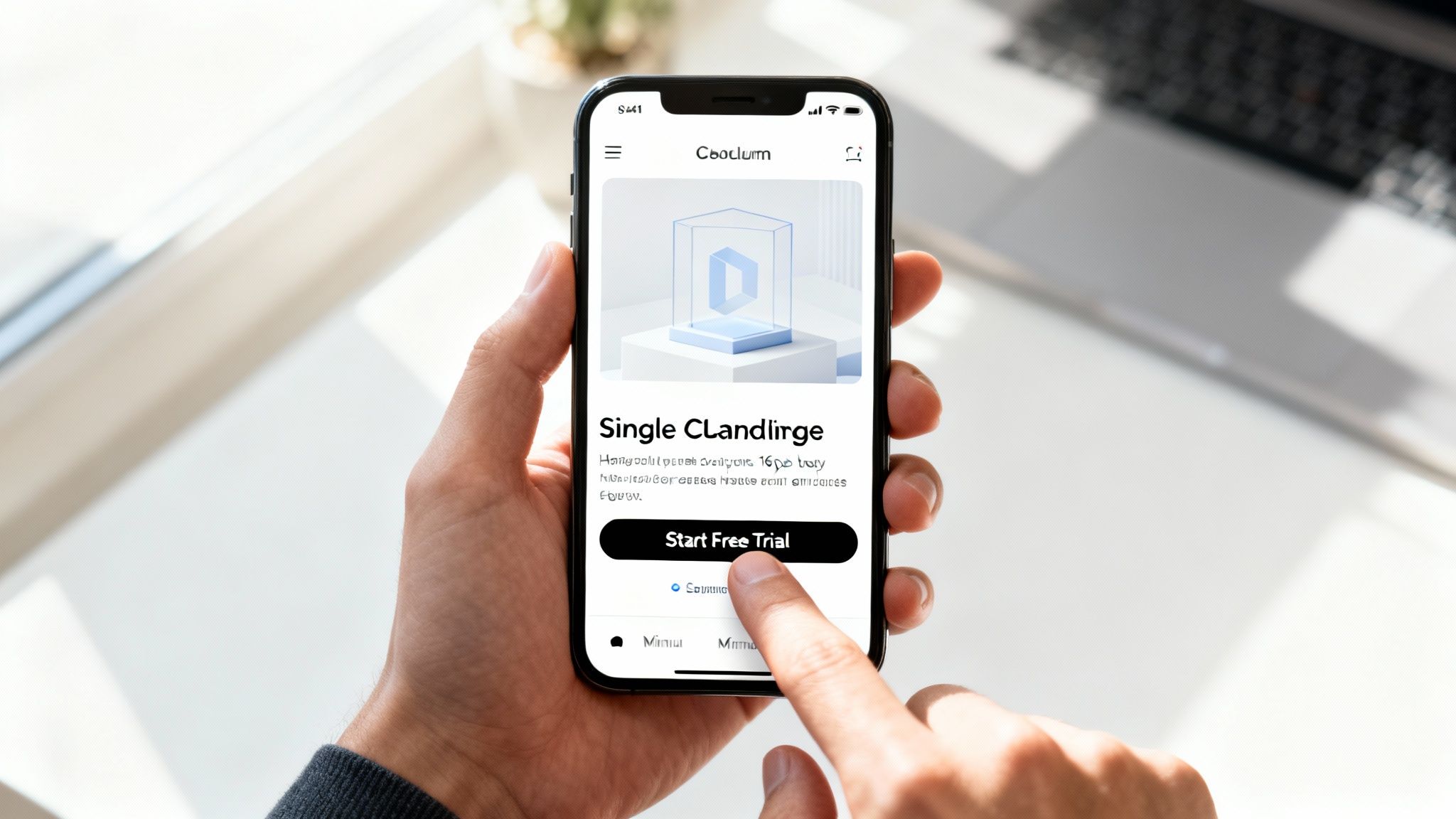 A person's hand holding a smartphone, tapping a 'Start Free Trial' button on a mobile app.