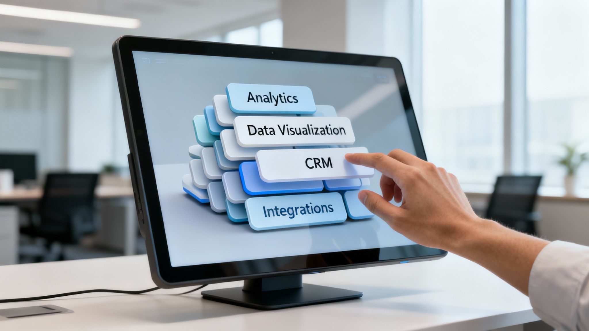 Hand interacting with a touchscreen displaying business software concepts: Analytics, Data Visualization, CRM, Integrations.