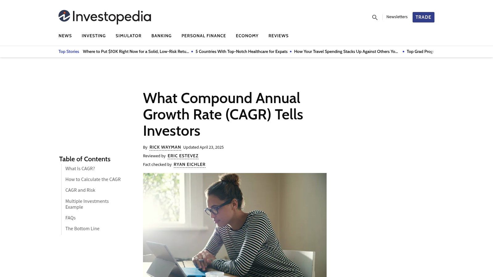 An image of the Investopedia website showing an article about CAGR.