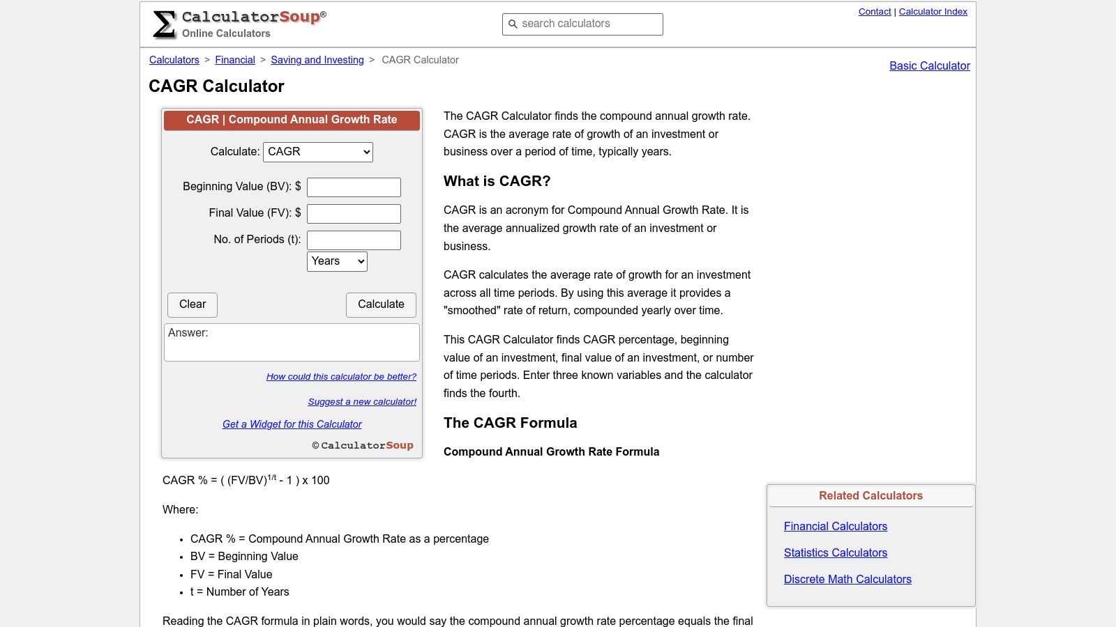 A screenshot of the CalculatorSoup CAGR calculator interface, showing fields for beginning value, ending value, number of periods, and the result.