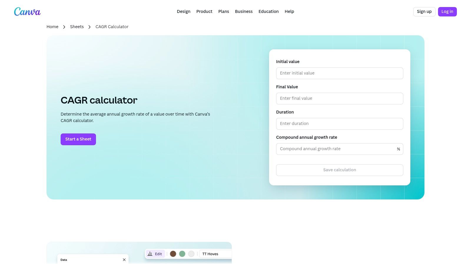 A screenshot of the Canva CAGR calculator interface, showing fields for Initial Value, Final Value, Number of Years, and a button to calculate.