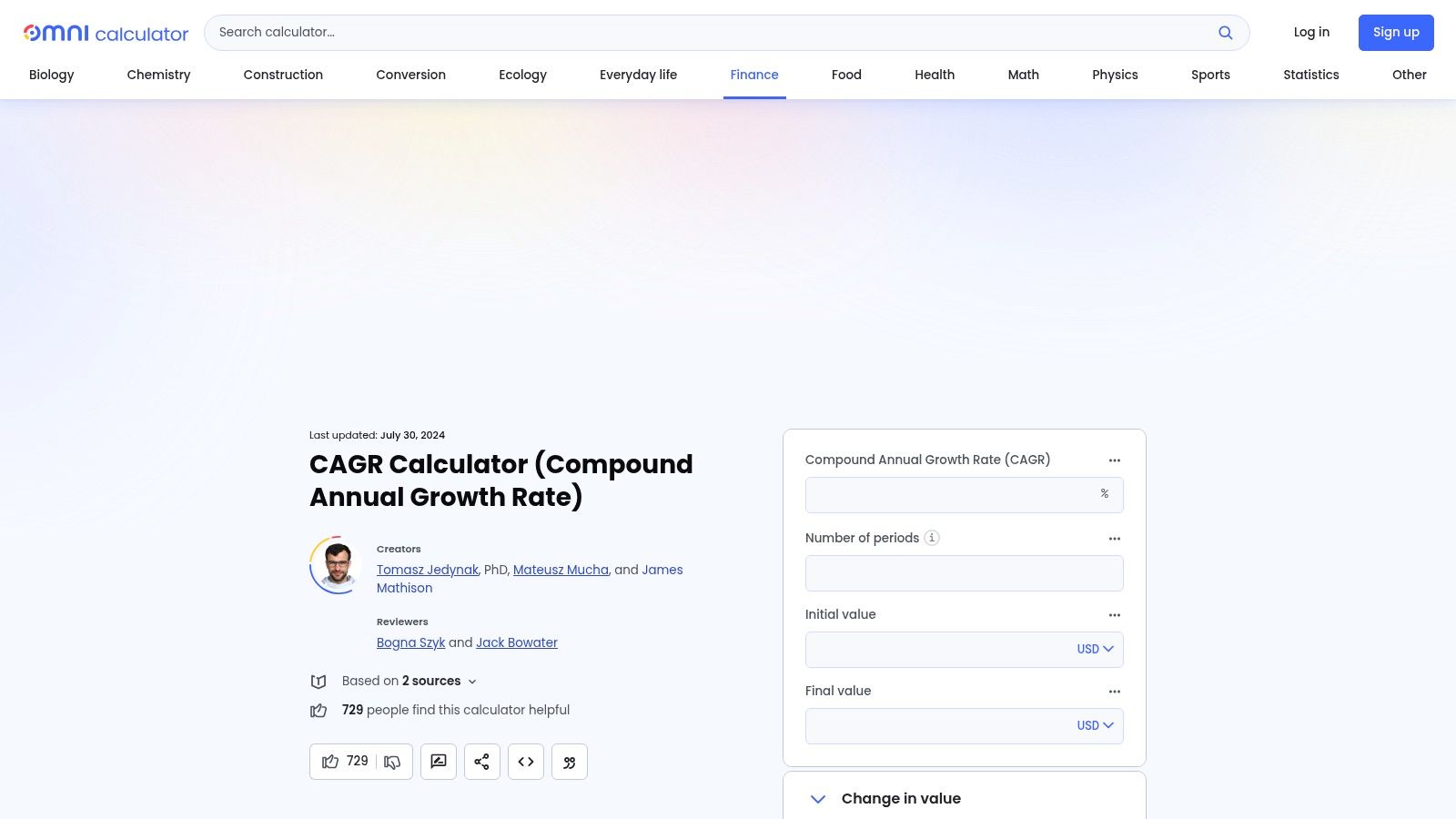 A screenshot of the Omni Calculator interface, showing input fields for starting value, final value, and time period, with the CAGR result displayed below.