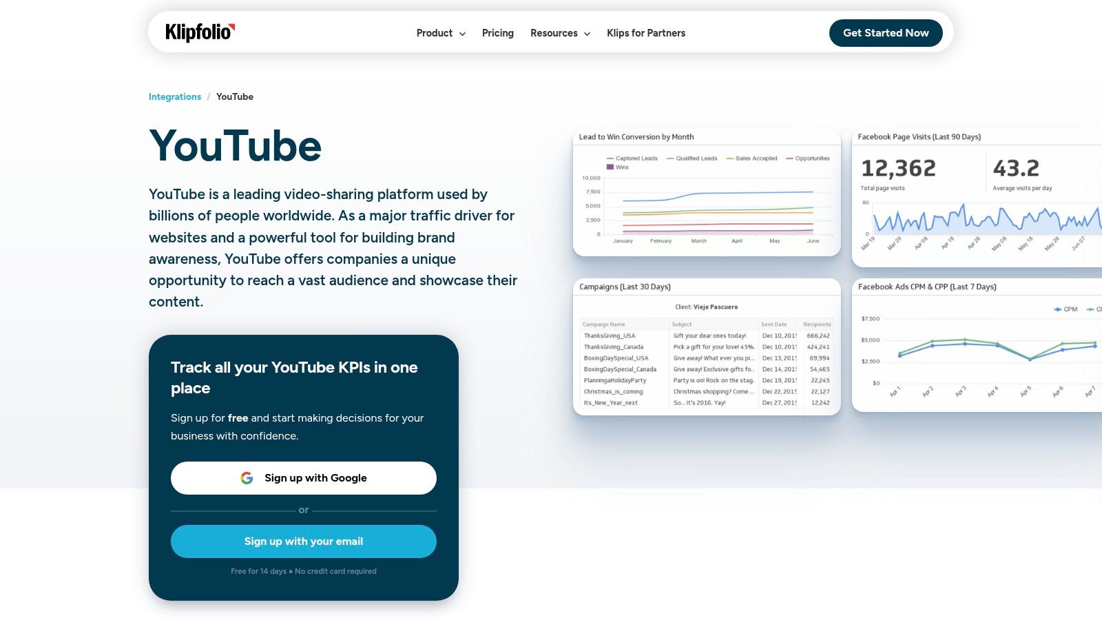 A sample Klipfolio marketing dashboard displaying various KPIs including YouTube metrics in a grid layout.