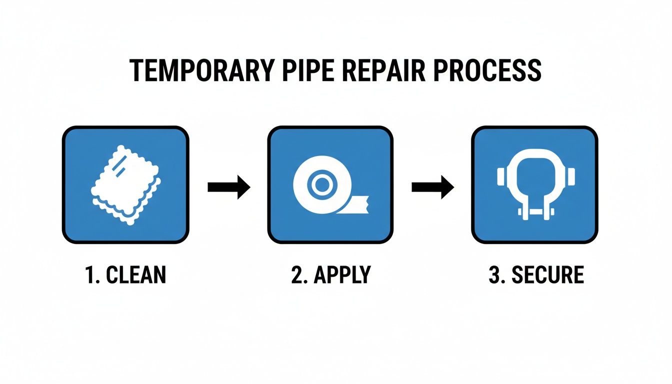 A diagram illustrating the temporary pipe repair process: 1. Clean with a cloth, 2. Apply tape, 3. Secure with a clamp.