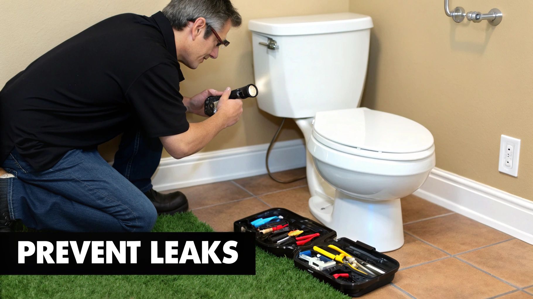 A man inspects a white toilet with a flashlight and tools to prevent leaks in a bathroom.