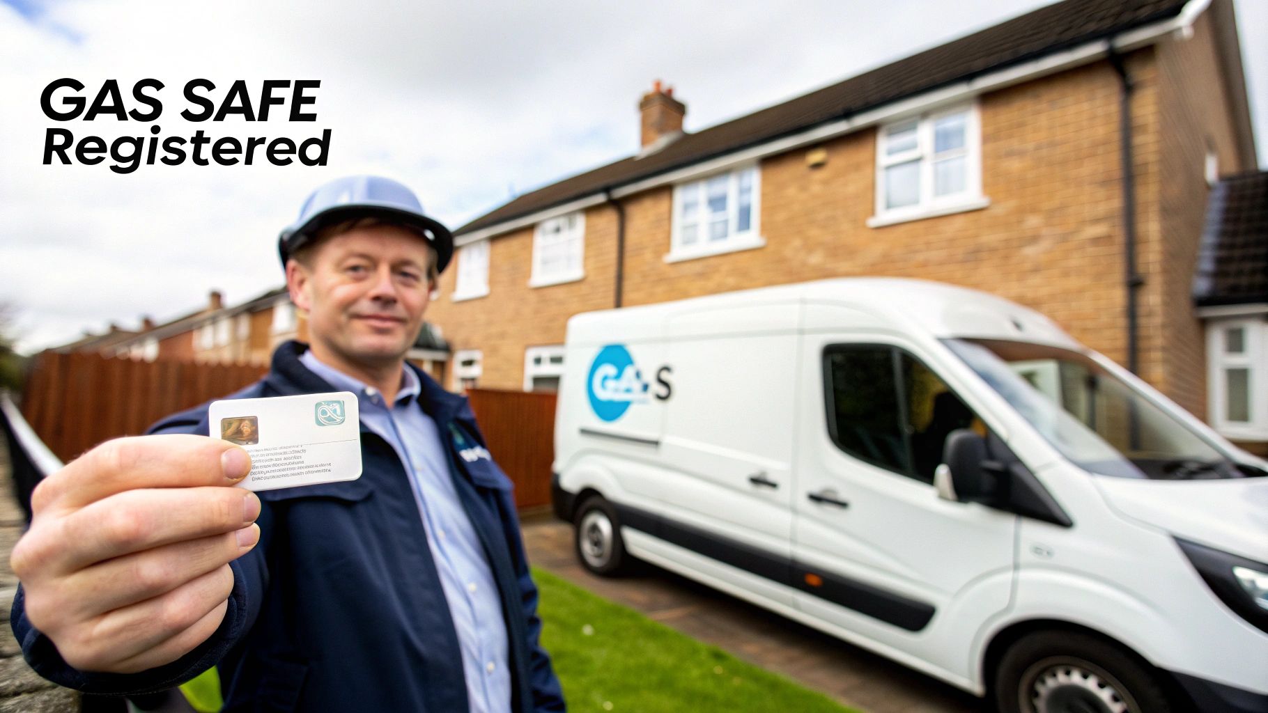 A Gas Safe registered engineer in a hard hat shows his ID card, with a 'GAS' van and houses in the background.