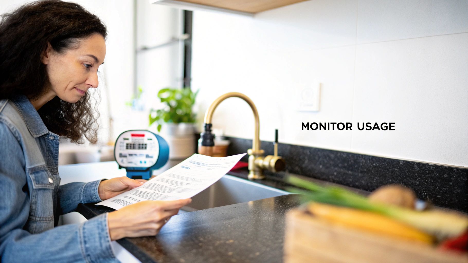 A woman in a kitchen reads a document, possibly about water usage, with a smart meter nearby.