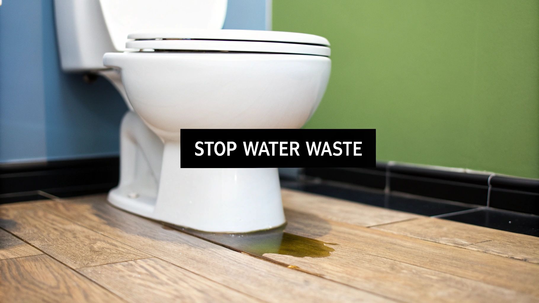 A white toilet in a bathroom with water leaking from its base onto a wooden floor, highlighting 'STOP WATER WASTE'.