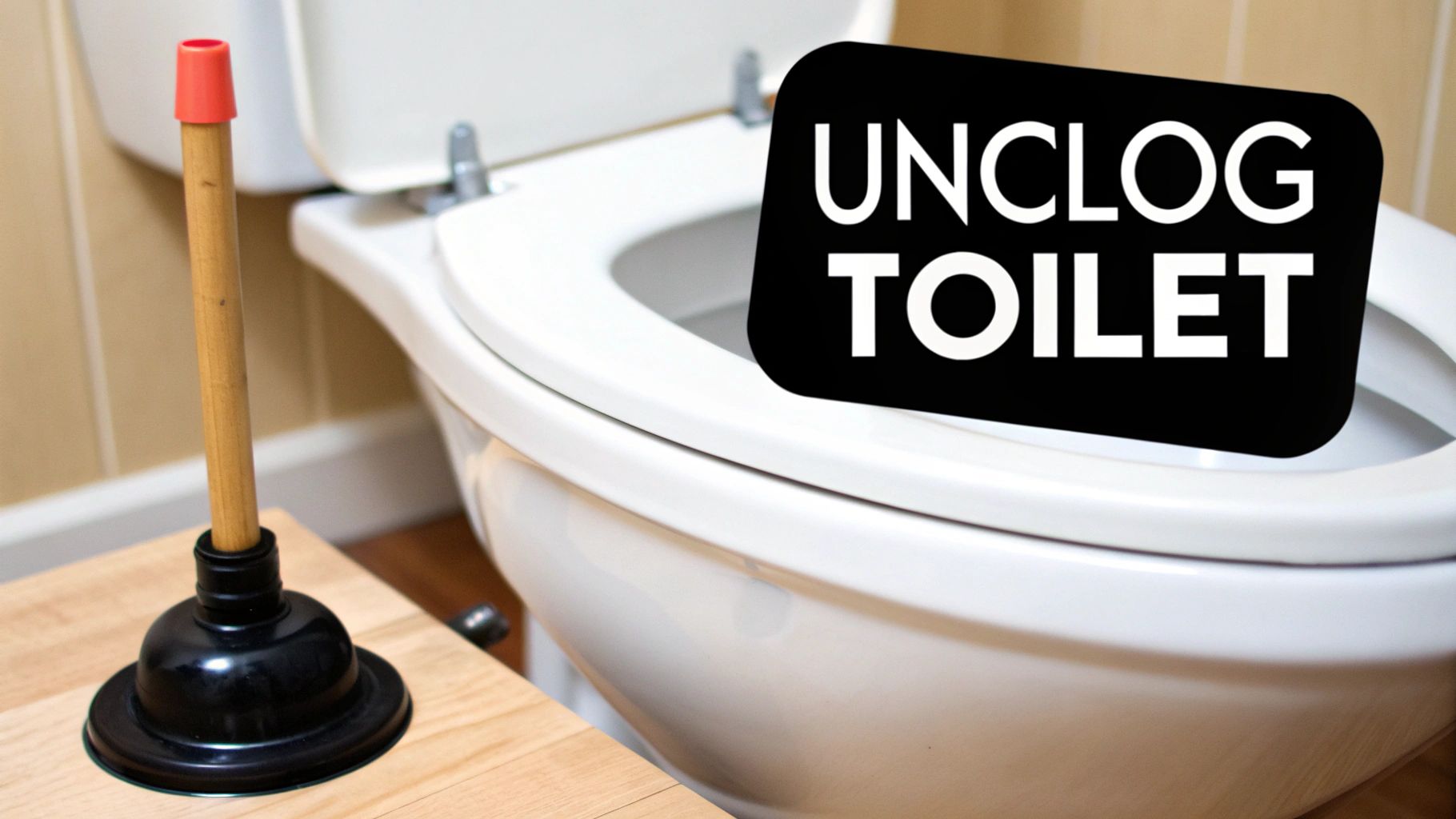 A white toilet with an open lid, a plunger, and a black sign saying 'UNCLOG TOILET'.