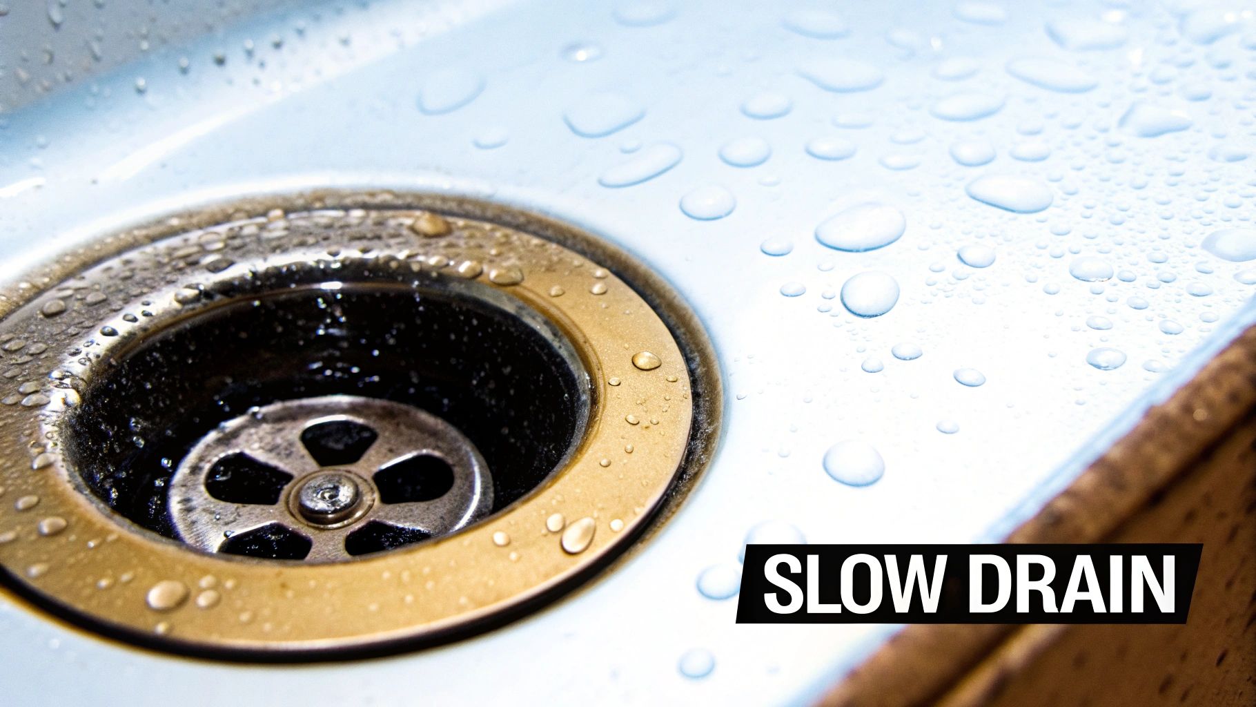 A slowly draining sink, indicating a potential blockage.