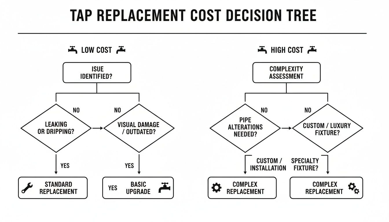 Flowchart illustrating the decision process for tap replacement costs, categorized by low and high expense.