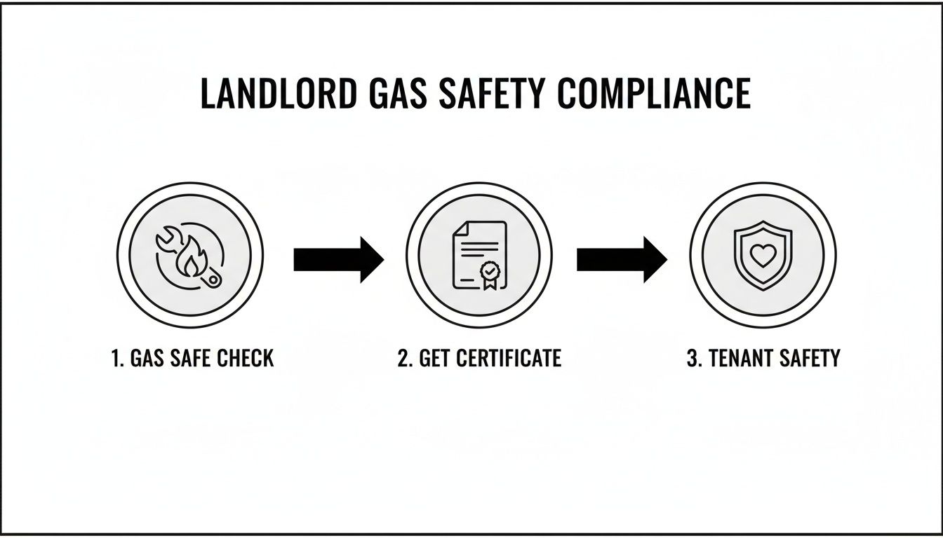 Three steps for landlord gas safety compliance: gas safe check, getting a certificate, and tenant safety.