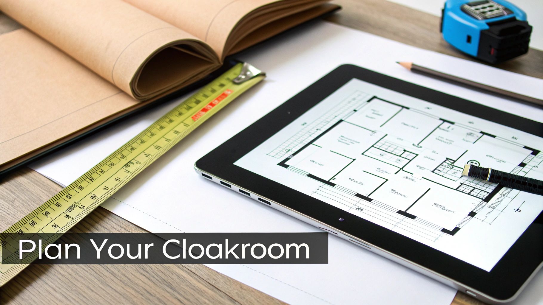 Architectural drawing on a tablet with measuring tape, notebook, and pencil for home planning.