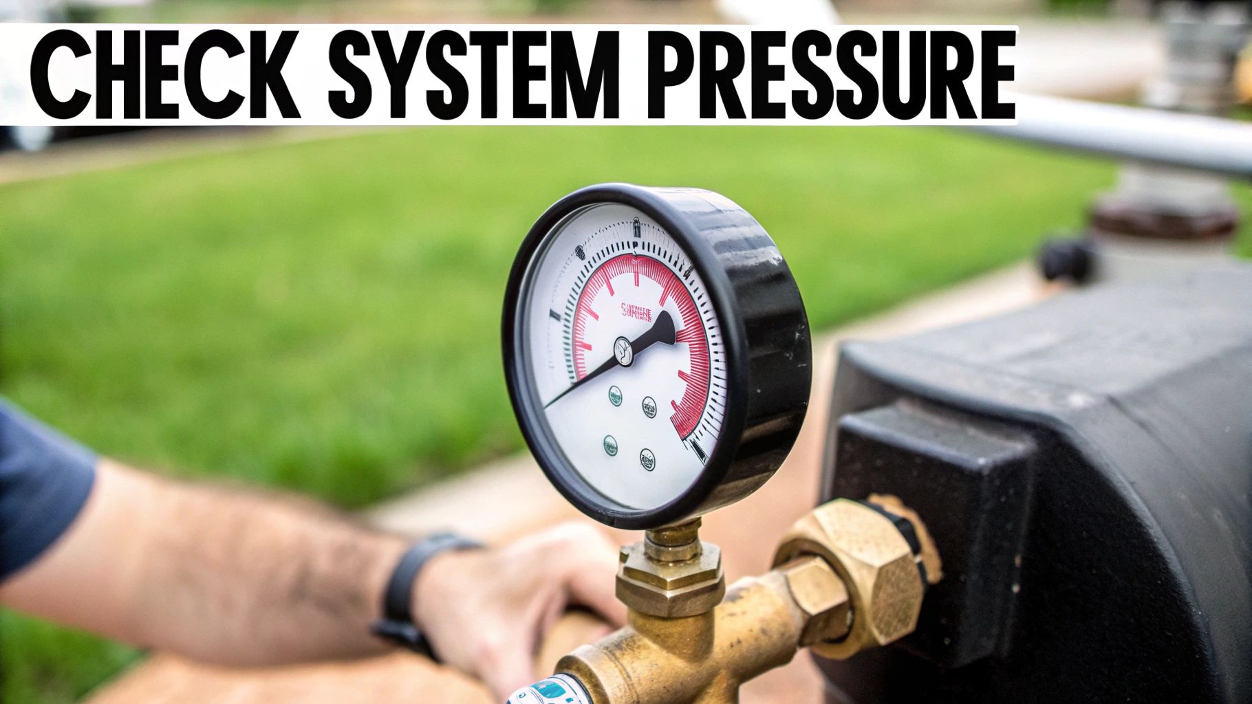 A close-up of a pressure gauge on a system, indicating readings, with an overlay that says 'CHECK SYSTEM PRESSURE'.