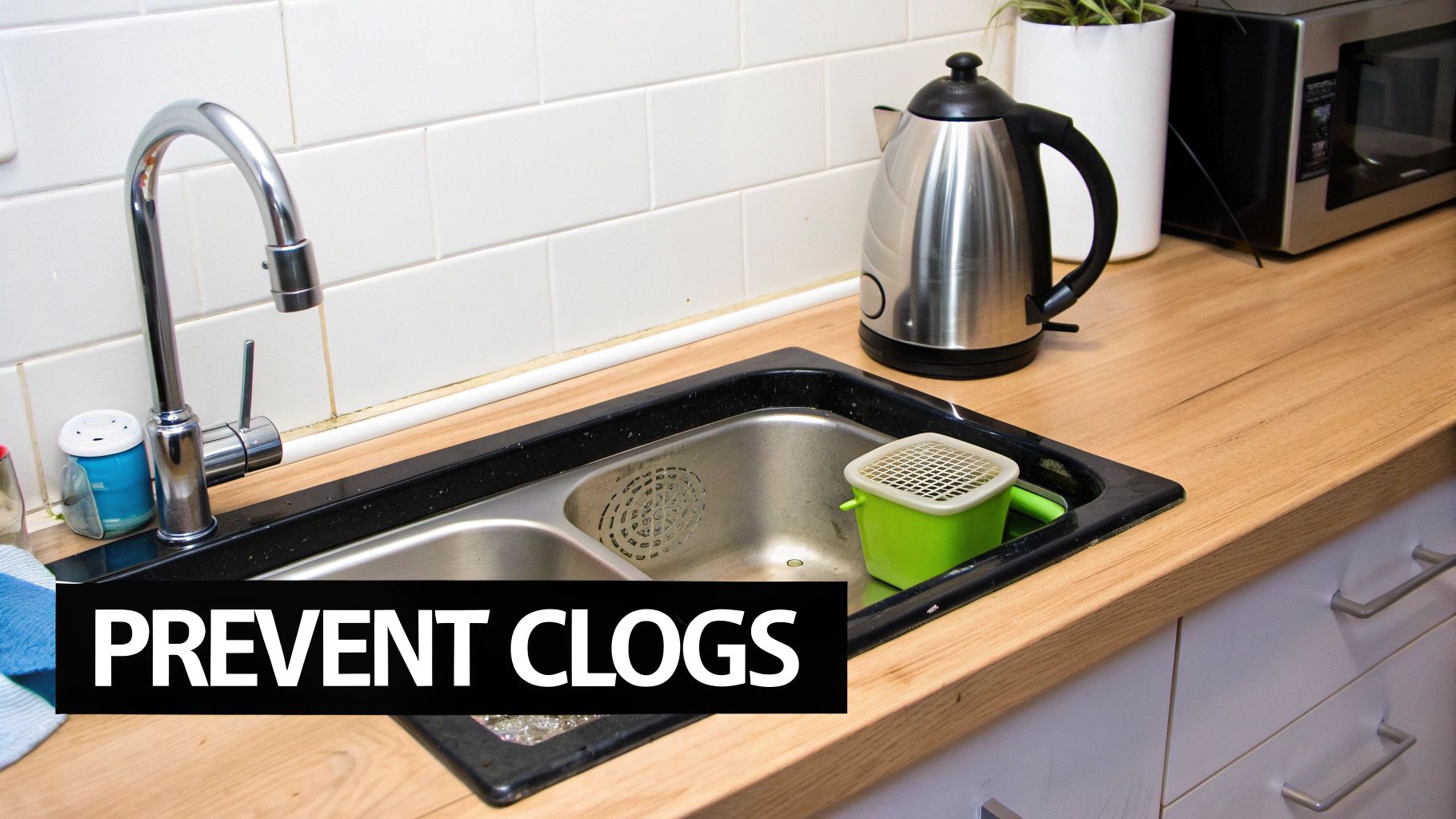 A person using a drain guard in a clean kitchen sink