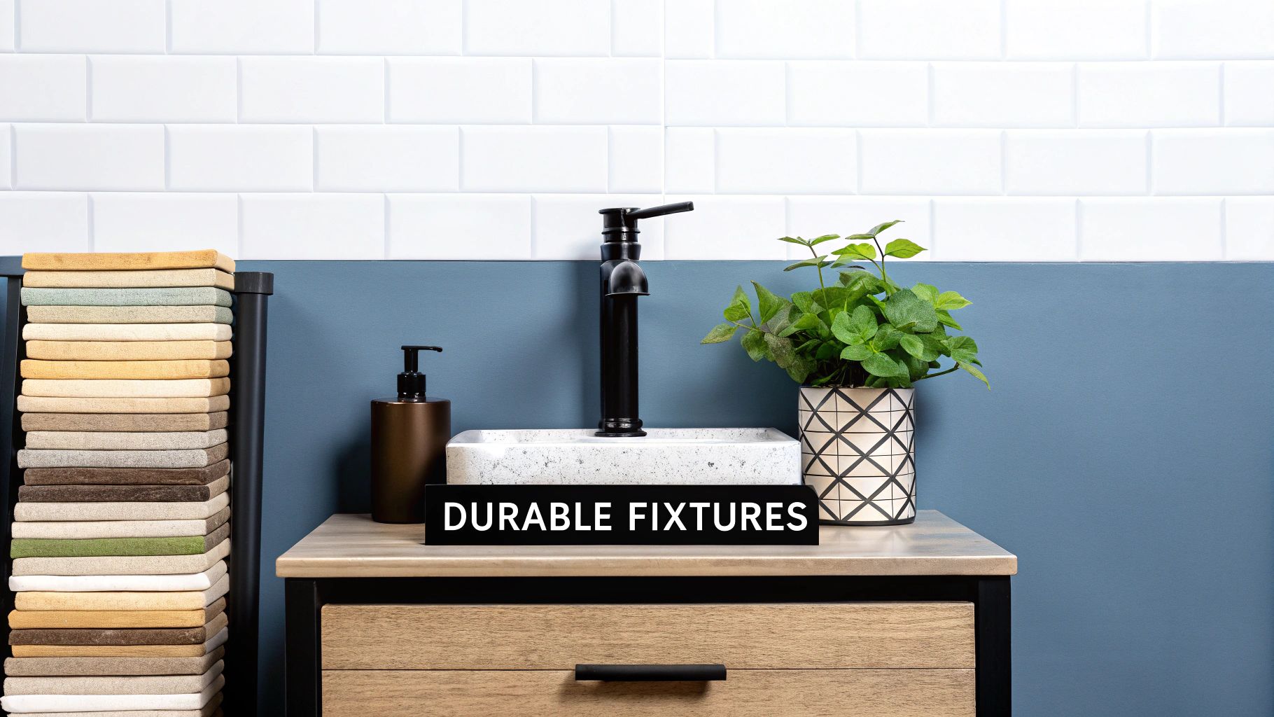 A stylish bathroom vanity featuring a black faucet, white sink, green plant, and a sign highlighting durable fixtures.