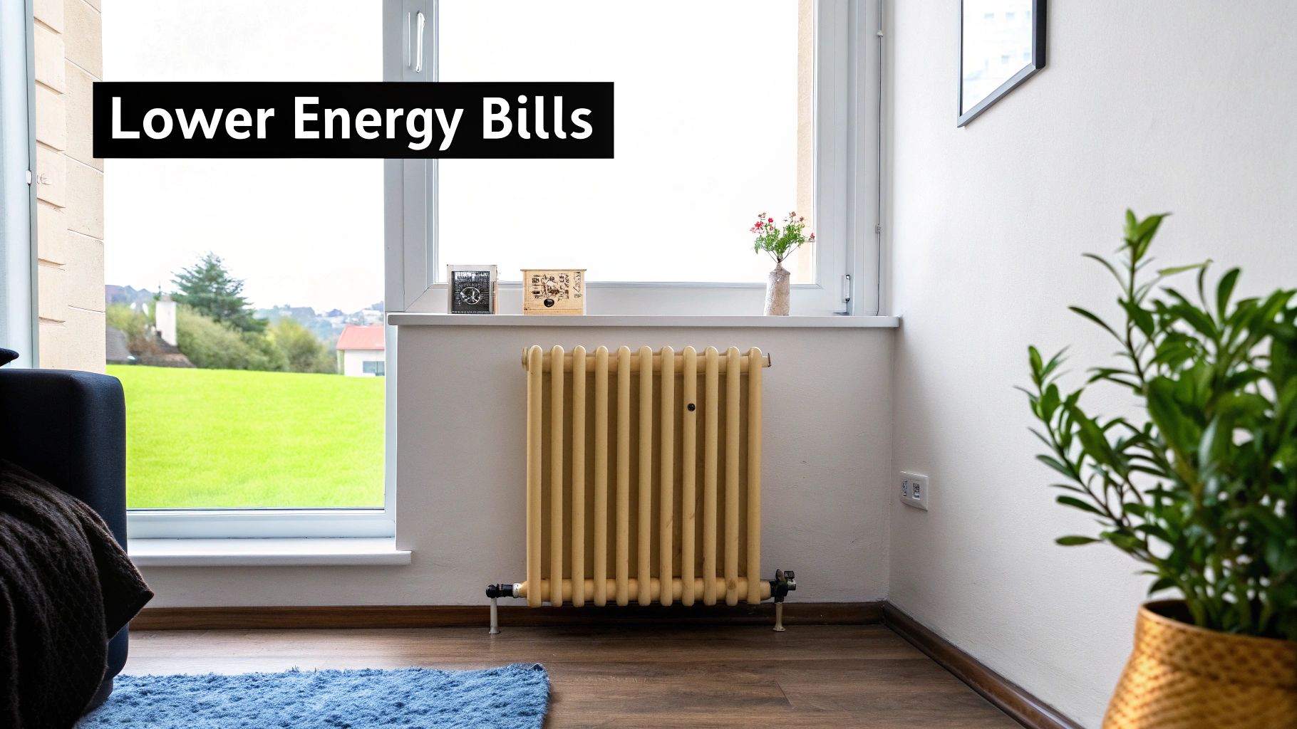 Modern cream radiator beneath window in bright living room promoting lower energy bills and efficient heating