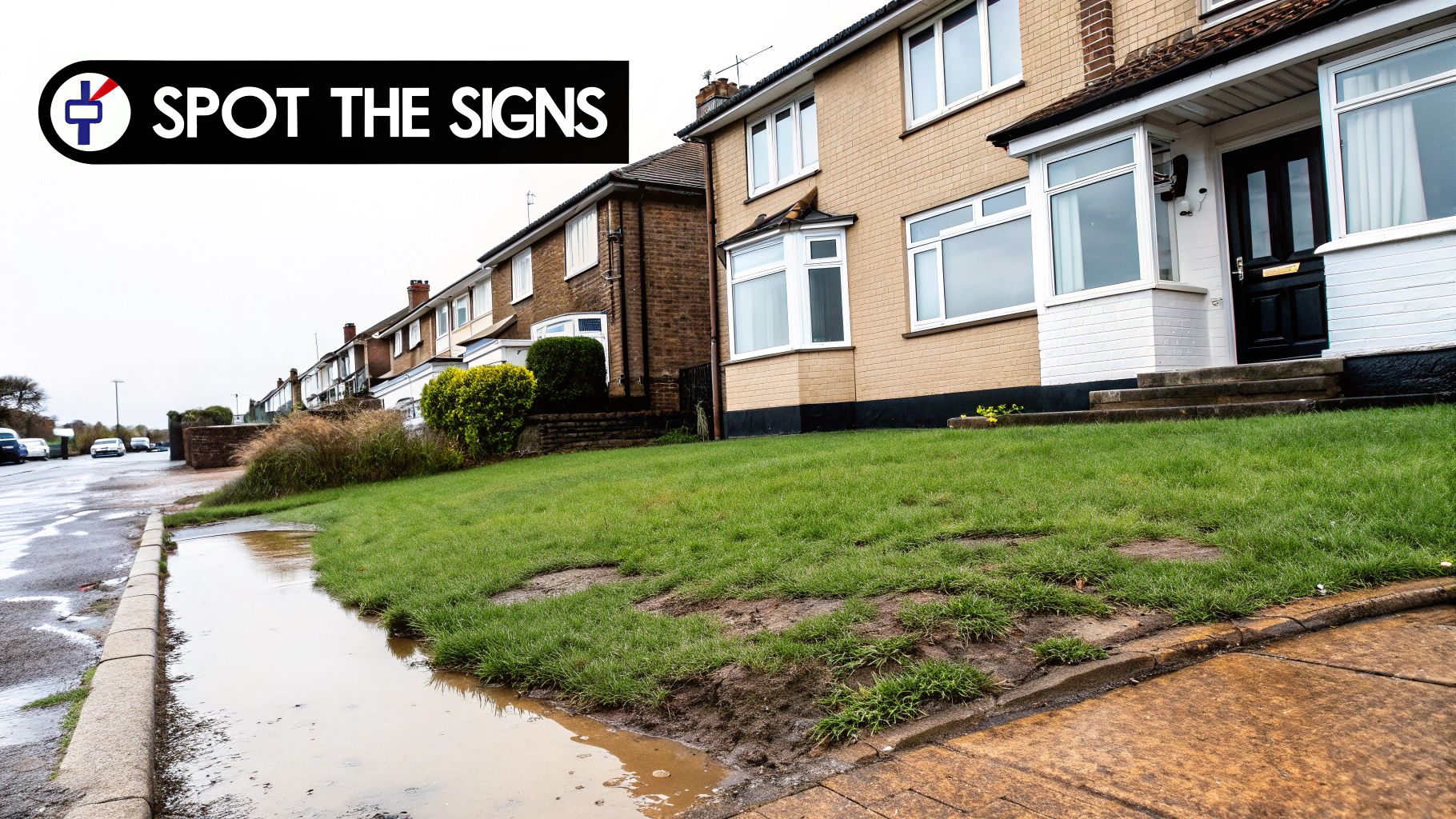 A muddy puddle on a grassy verge next to a sidewalk and street in a residential area, indicating a potential water leak.