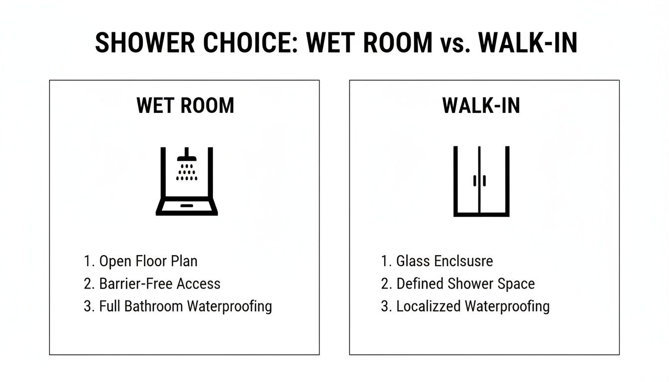 Infographic comparing wet room and walk-in shower features, including open floor plans and glass enclosures.