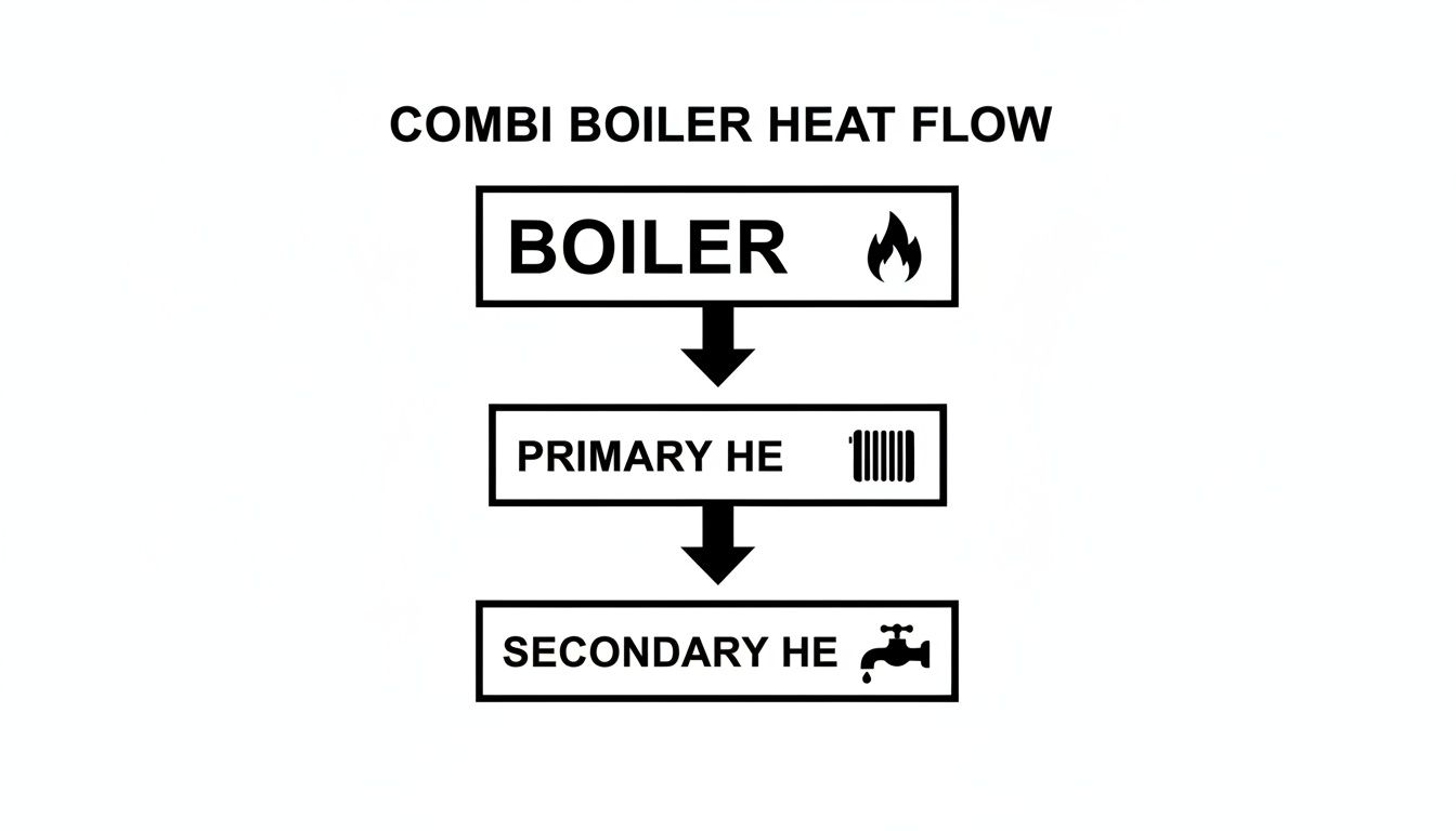 Flowchart illustrating the heat flow in a combi boiler system, from boiler to primary and secondary heat exchangers.