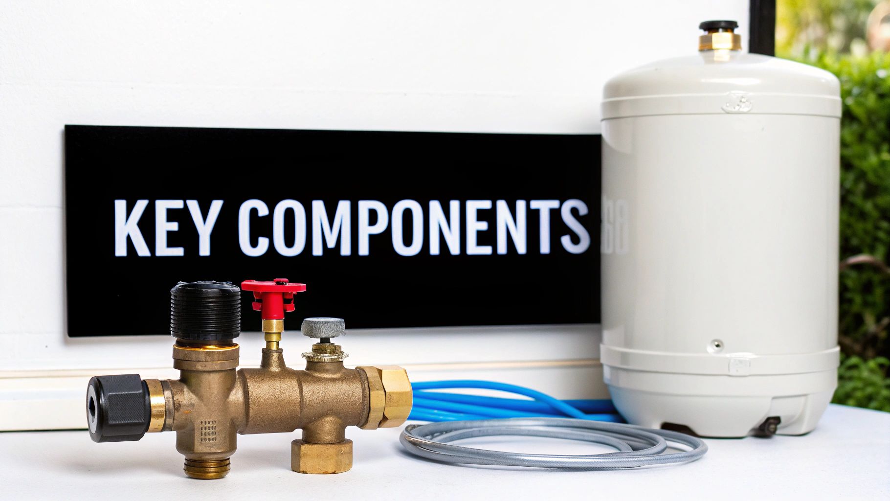 A collection of brass plumbing fittings, an expansion tank, and hoses, with a 'KEY COMPONENTS' sign.