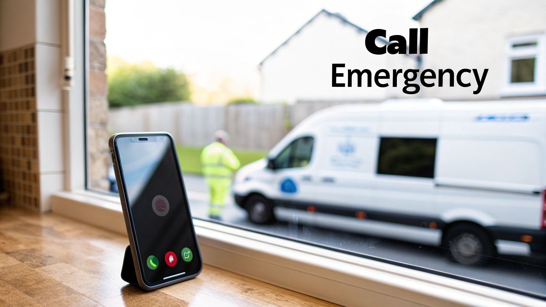 Smartphone on a window sill displays an emergency call screen, with a service van outside.