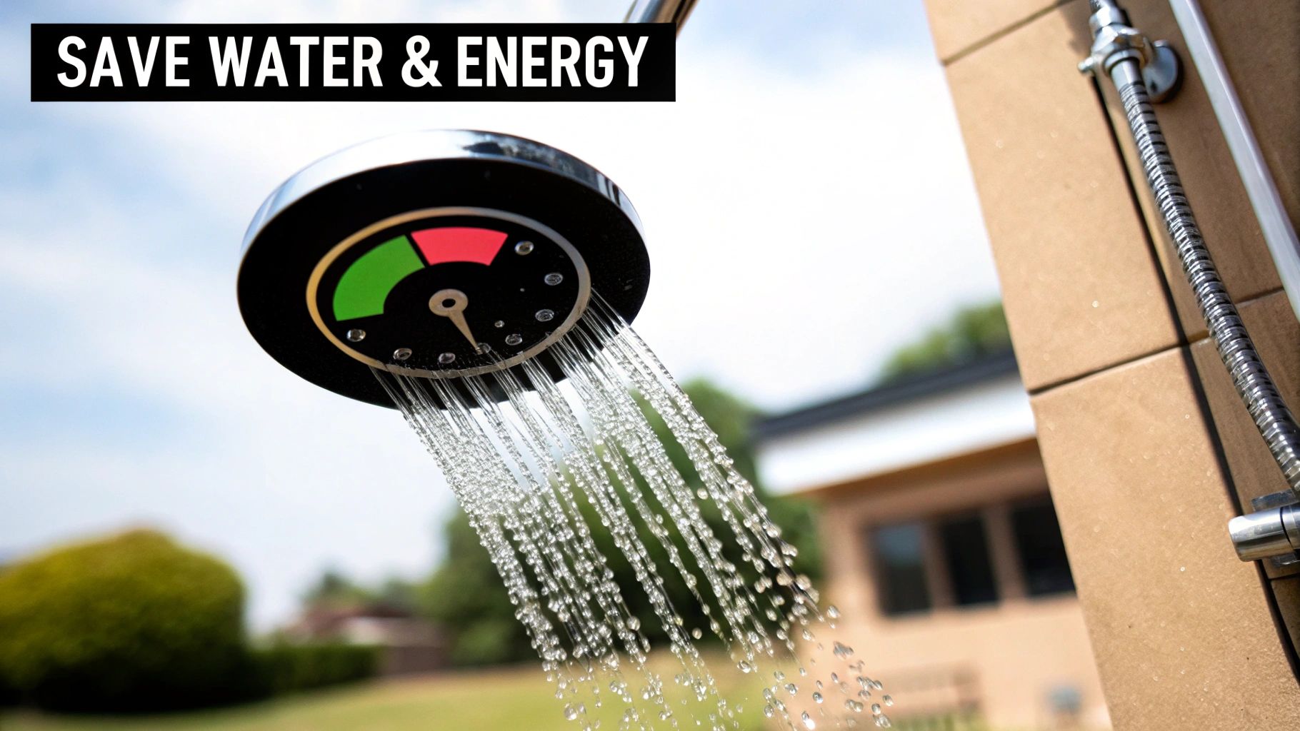A close-up of a modern shower head with a green and red dial, spraying water and promoting energy saving.