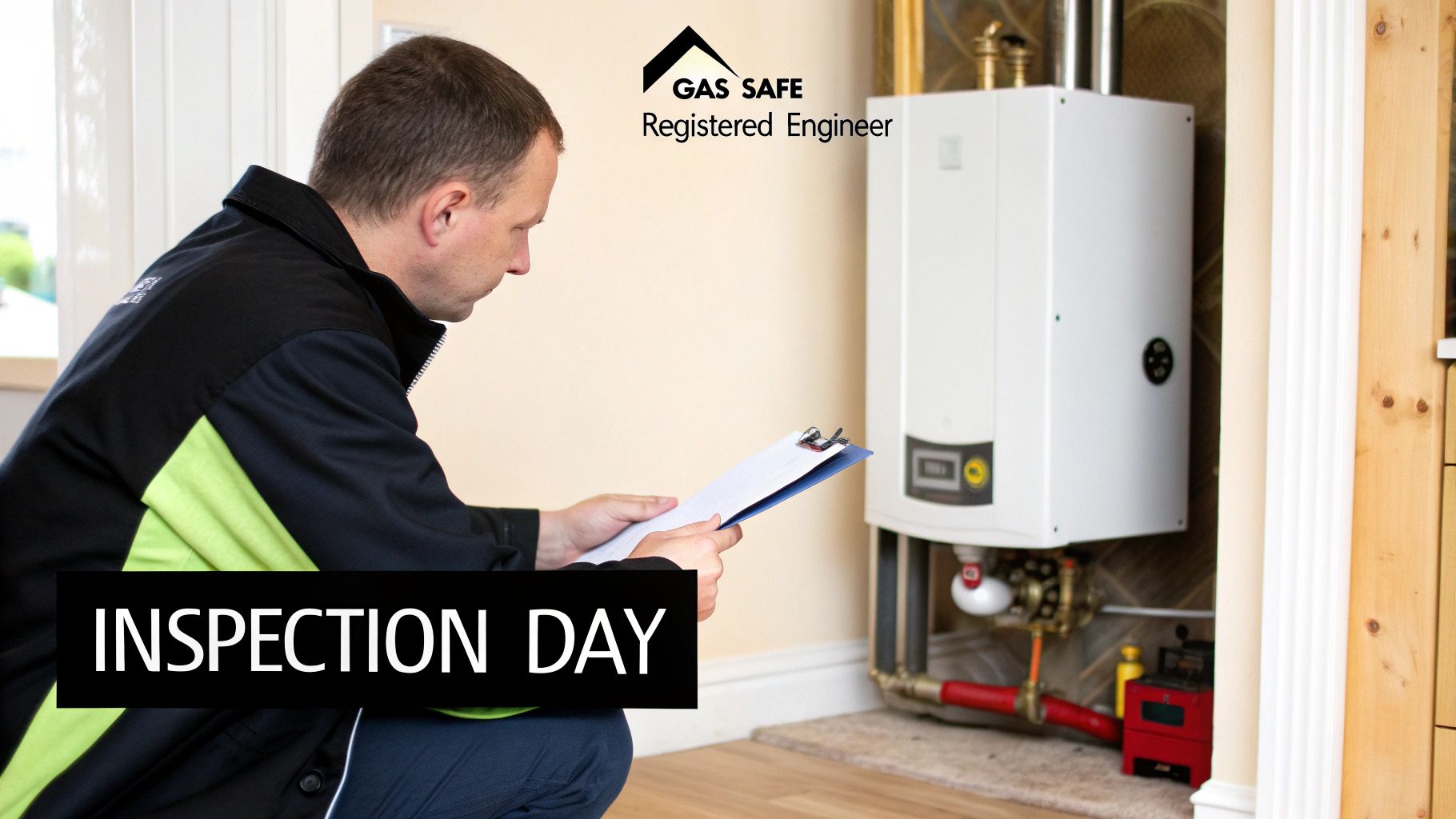 A Gas Safe registered engineer inspects a white boiler, holding a clipboard during an inspection.