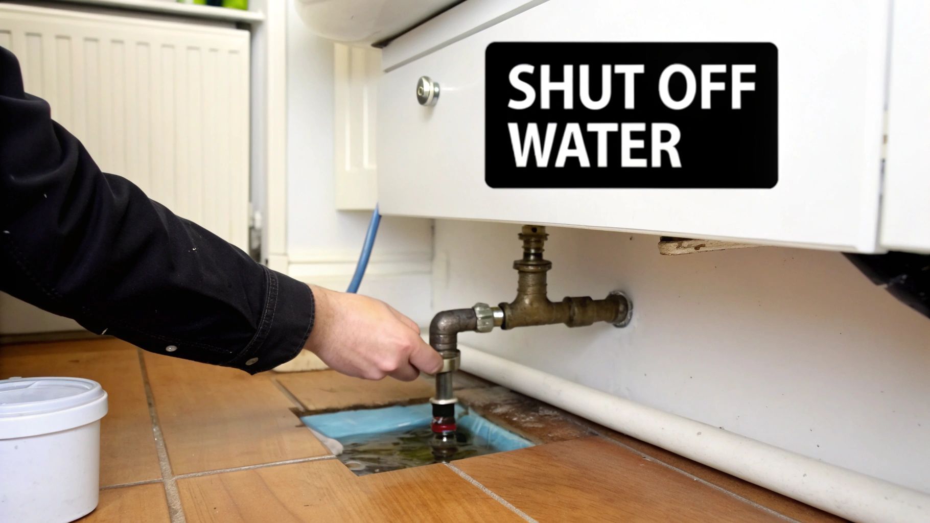 Hand reaching to repair a burst pipe under a cabinet, next to a water shut-off sign.