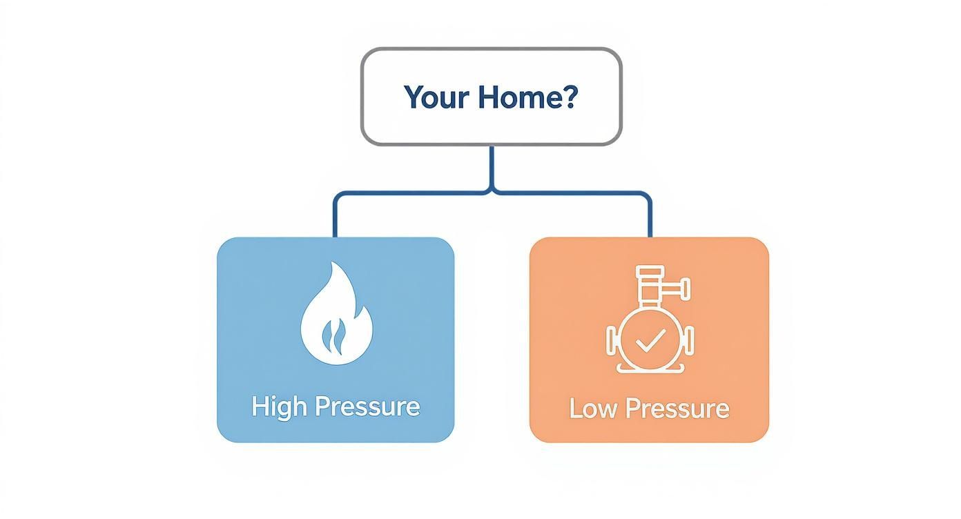 Flowchart showing 'Your Home?' branching to 'High Pressure' with a flame and 'Low Pressure' with a gauge.