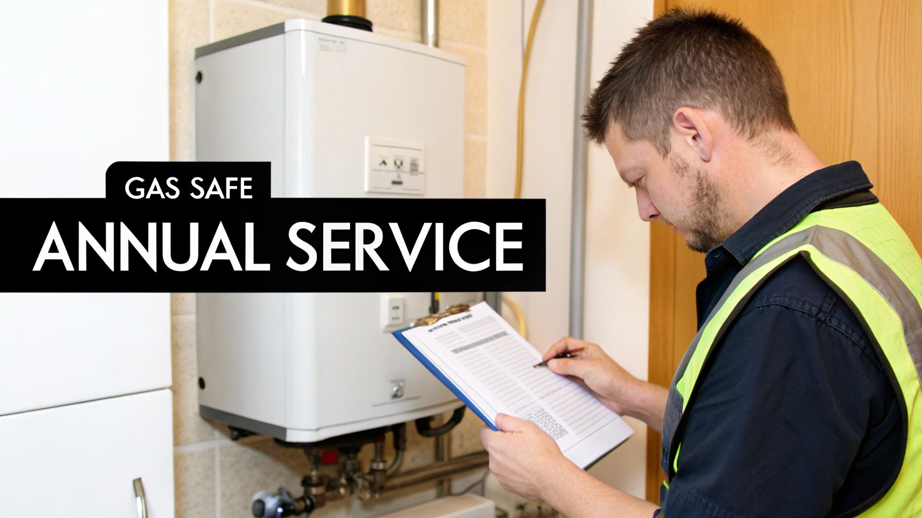 A gas safe engineer in a high-vis vest inspecting a boiler and filling out paperwork for an annual service.