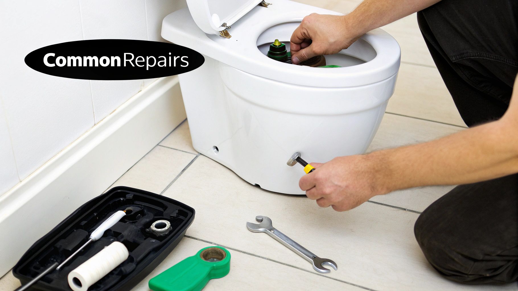 A person's hands repair the inside of a toilet, with tools on the tiled floor.