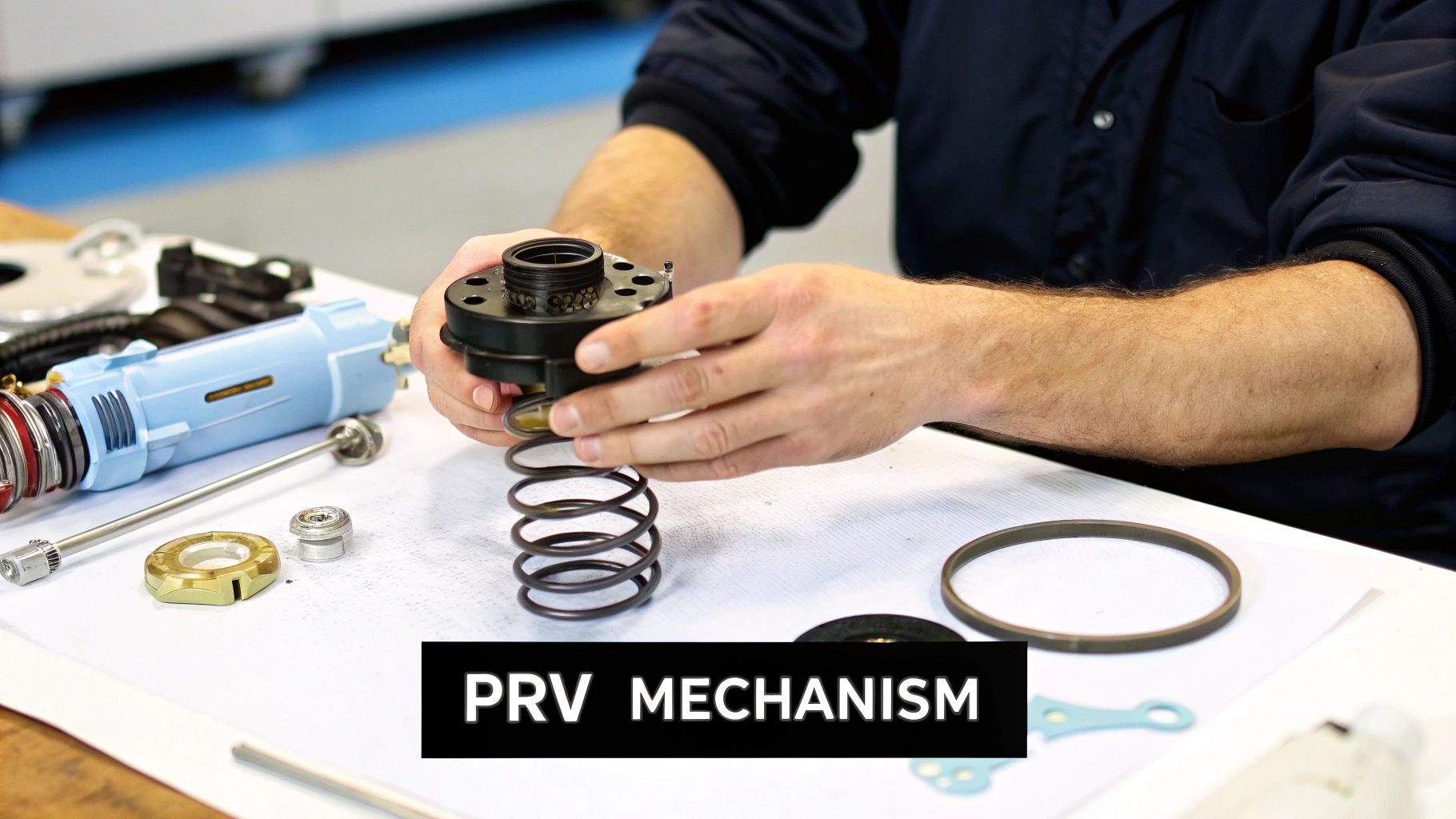 A person's hands assemble a black mechanical part with a large spring, surrounded by various valve components.