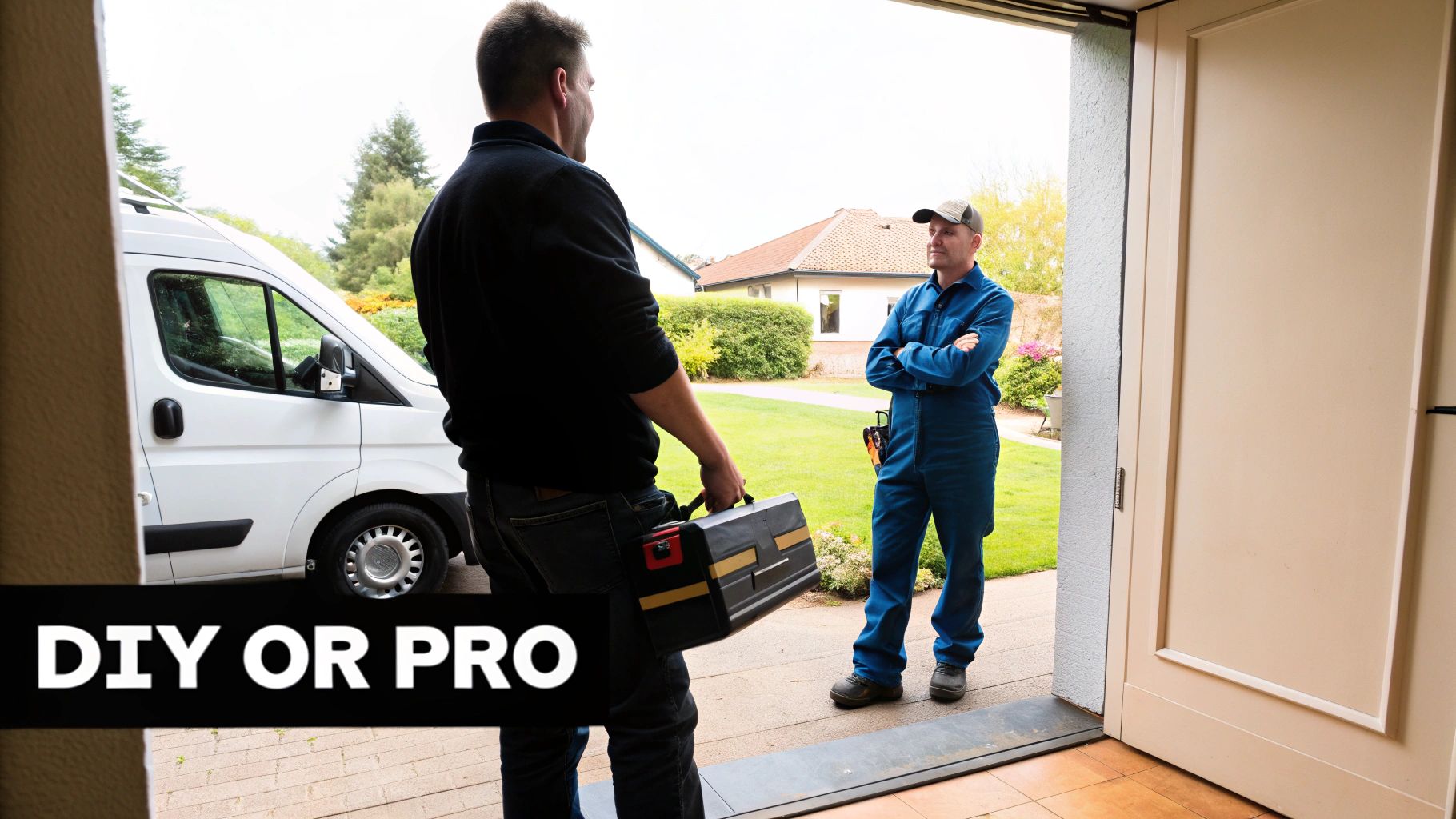 Two men, one professional and one homeowner, discussing a home repair project with a toolbox and van.