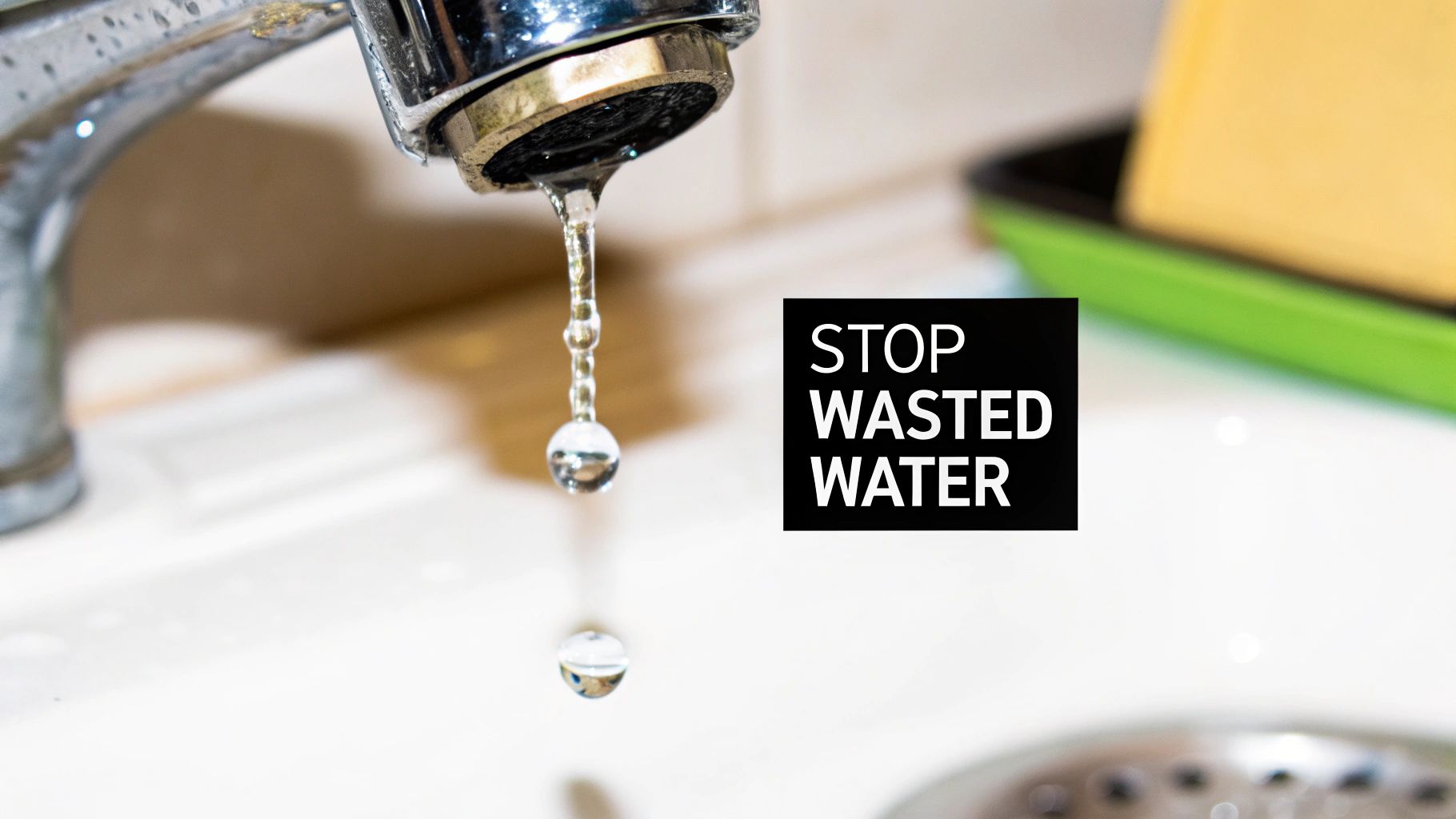A dripping tap wasting water and money into a sink.