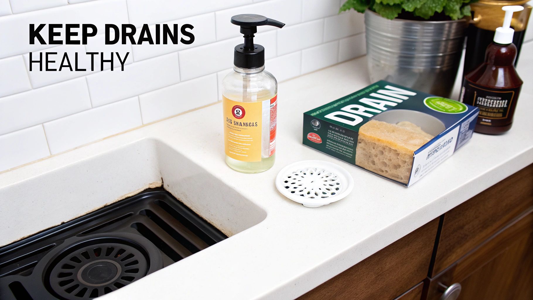 A clean kitchen sink area with dish soap, a drain protector, and drain cleaning products.