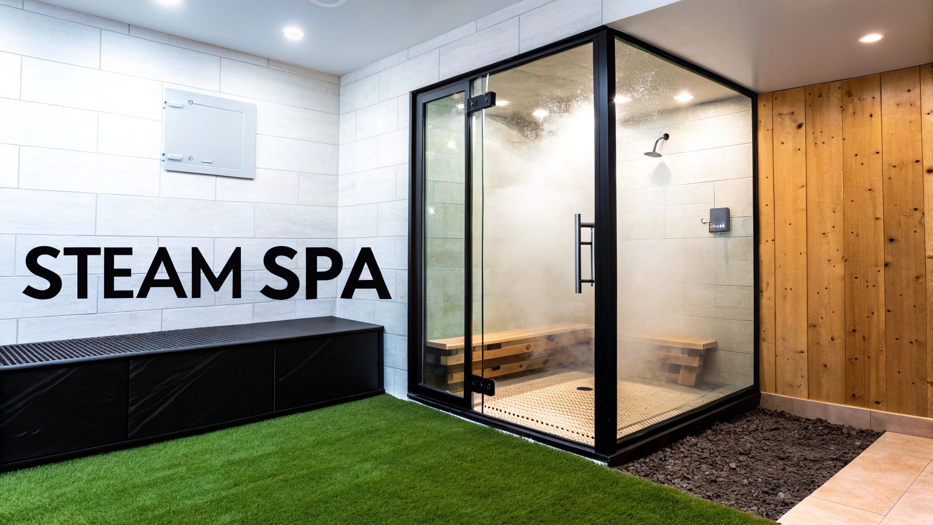 A modern steam spa room with a glass-enclosed shower, wooden benches, and artificial grass.