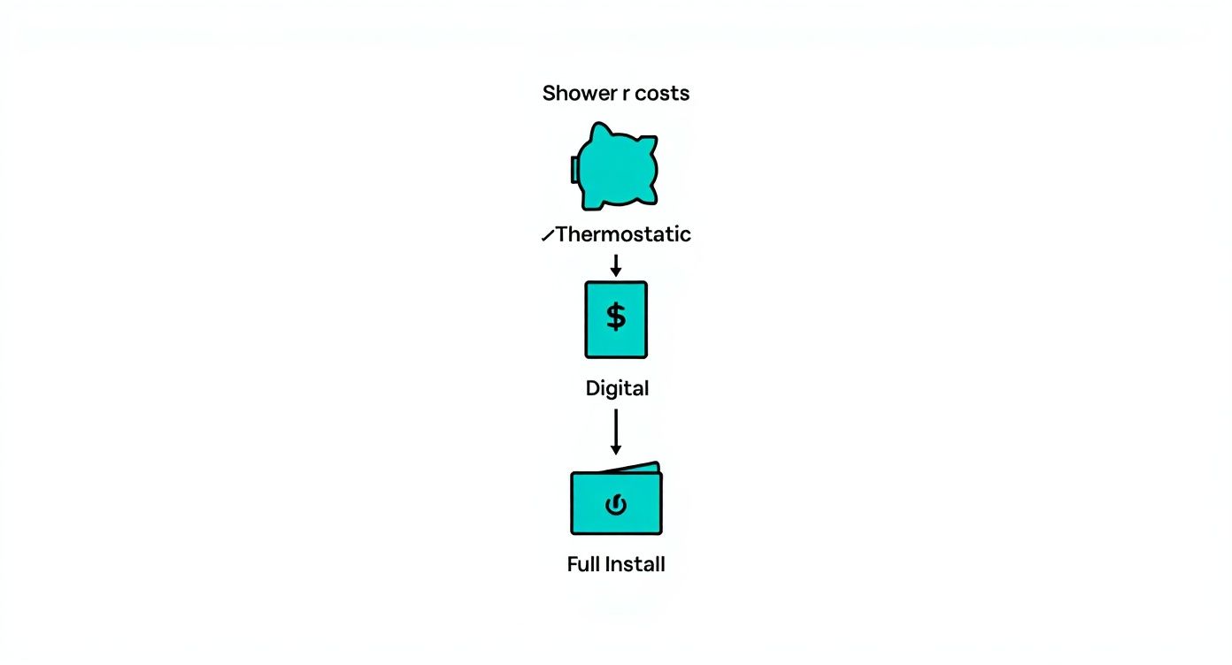 Infographic decision tree showing shower costs from low to high, recommending thermostatic for low budgets, digital for medium, and full install for high.