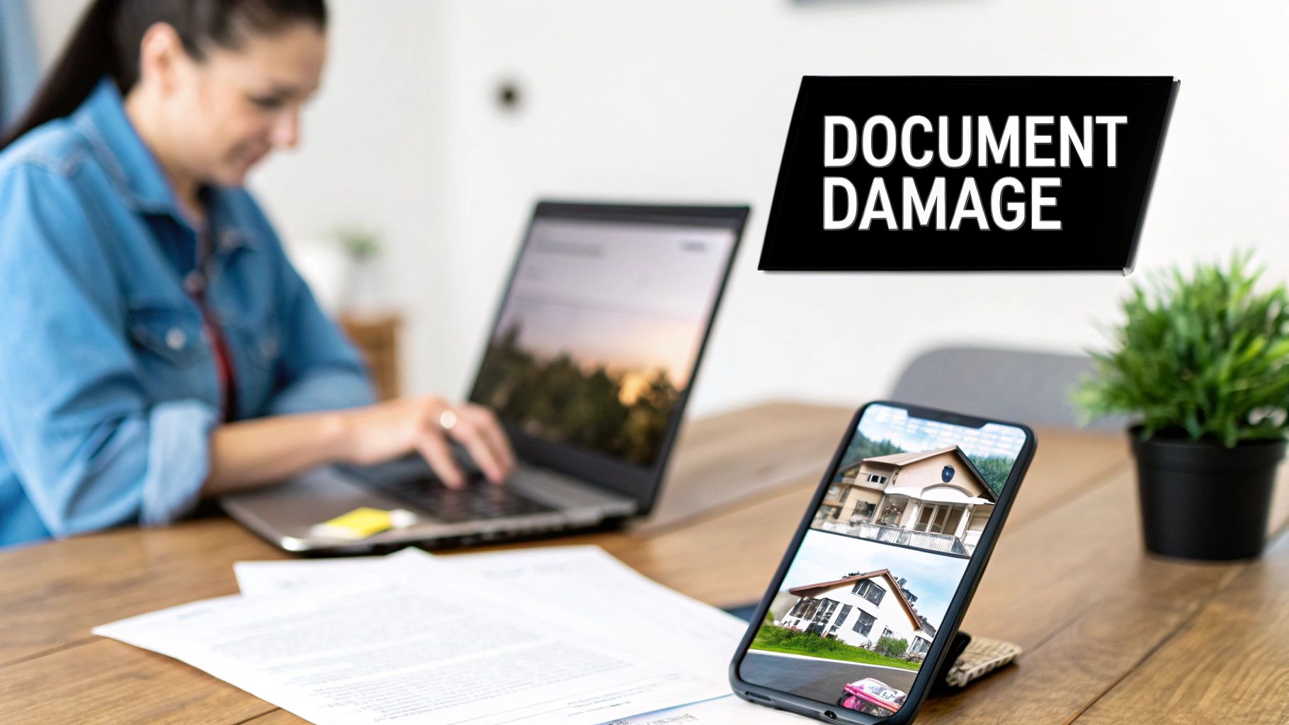 A homeowner looking concerned at a water stain on their ceiling.