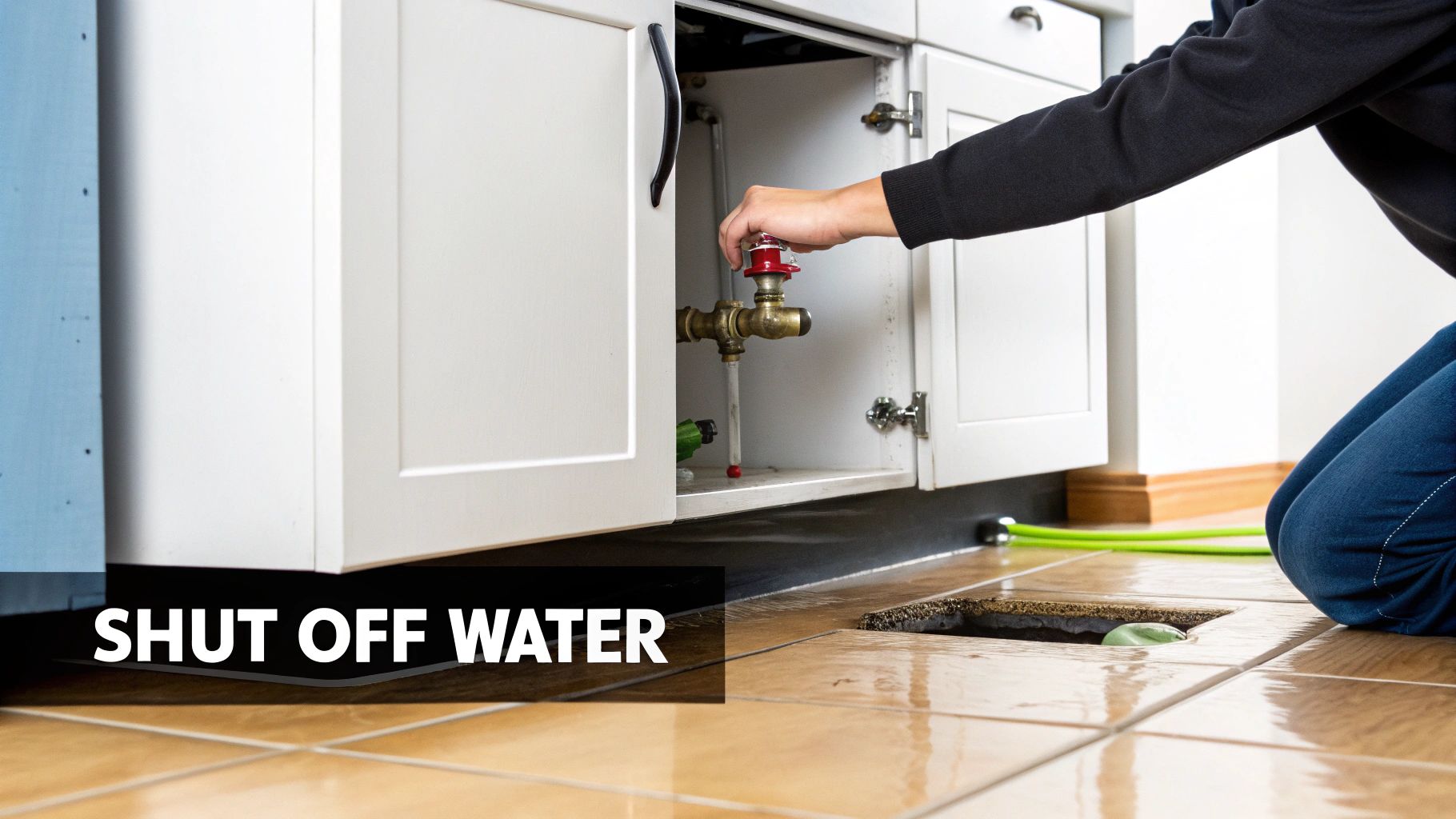 A plumber inspecting a burst copper pipe in a wall.