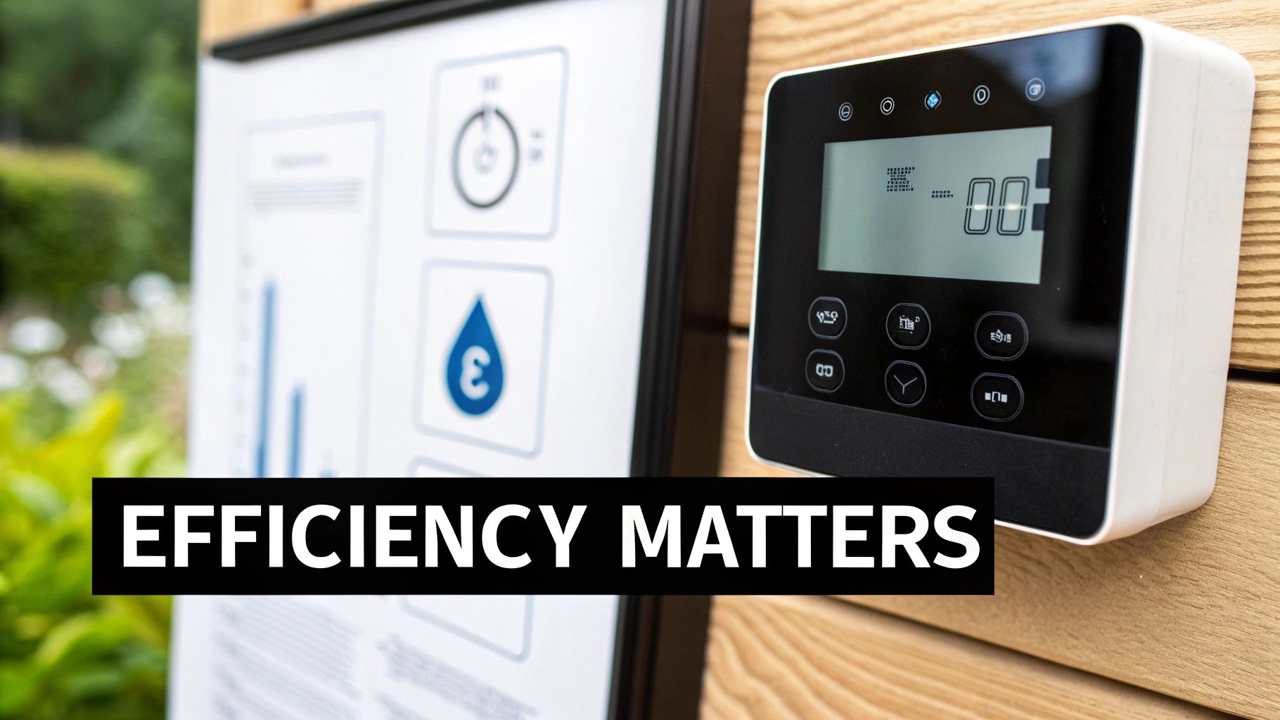 Modern smart home thermostat control panel displaying efficiency settings for boiler and heating management