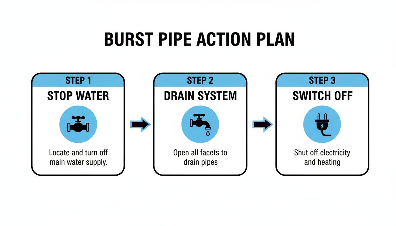 A three-step burst pipe action plan: stop water, drain system, and switch off electricity.