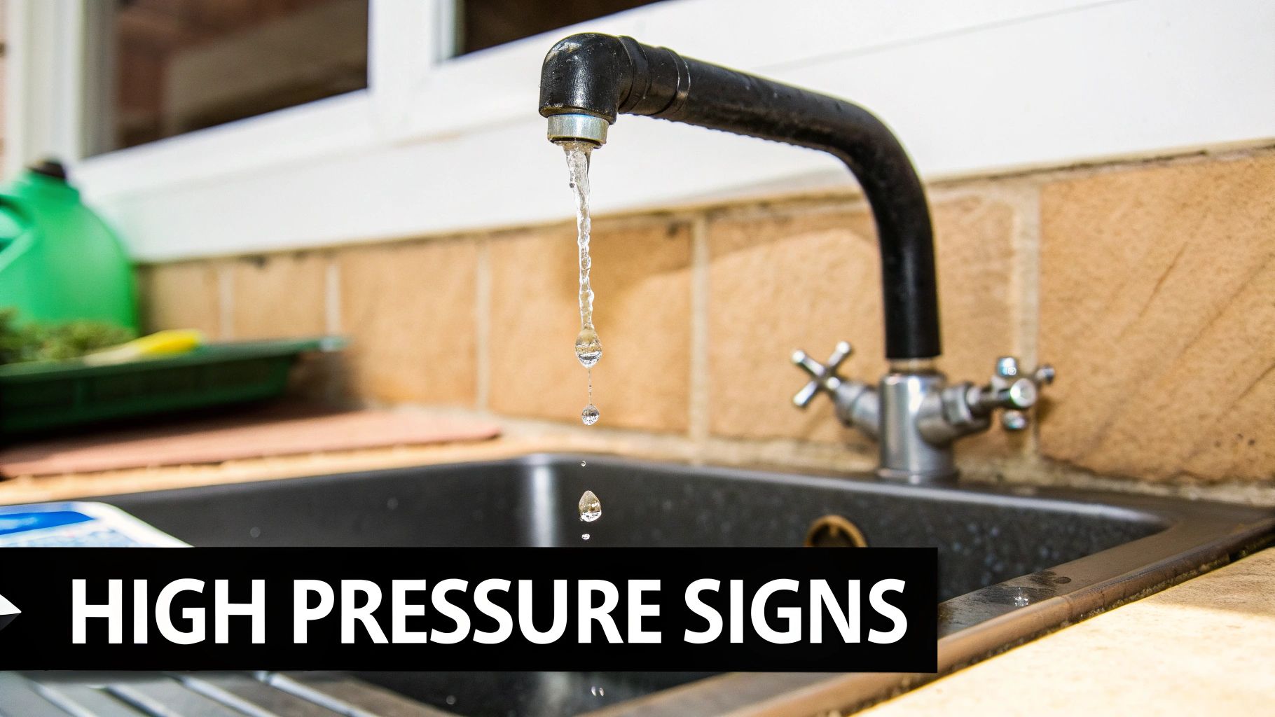 A kitchen faucet slowly drips water into a dark sink, with a text overlay "HIGH PRESSURE SIGNS".