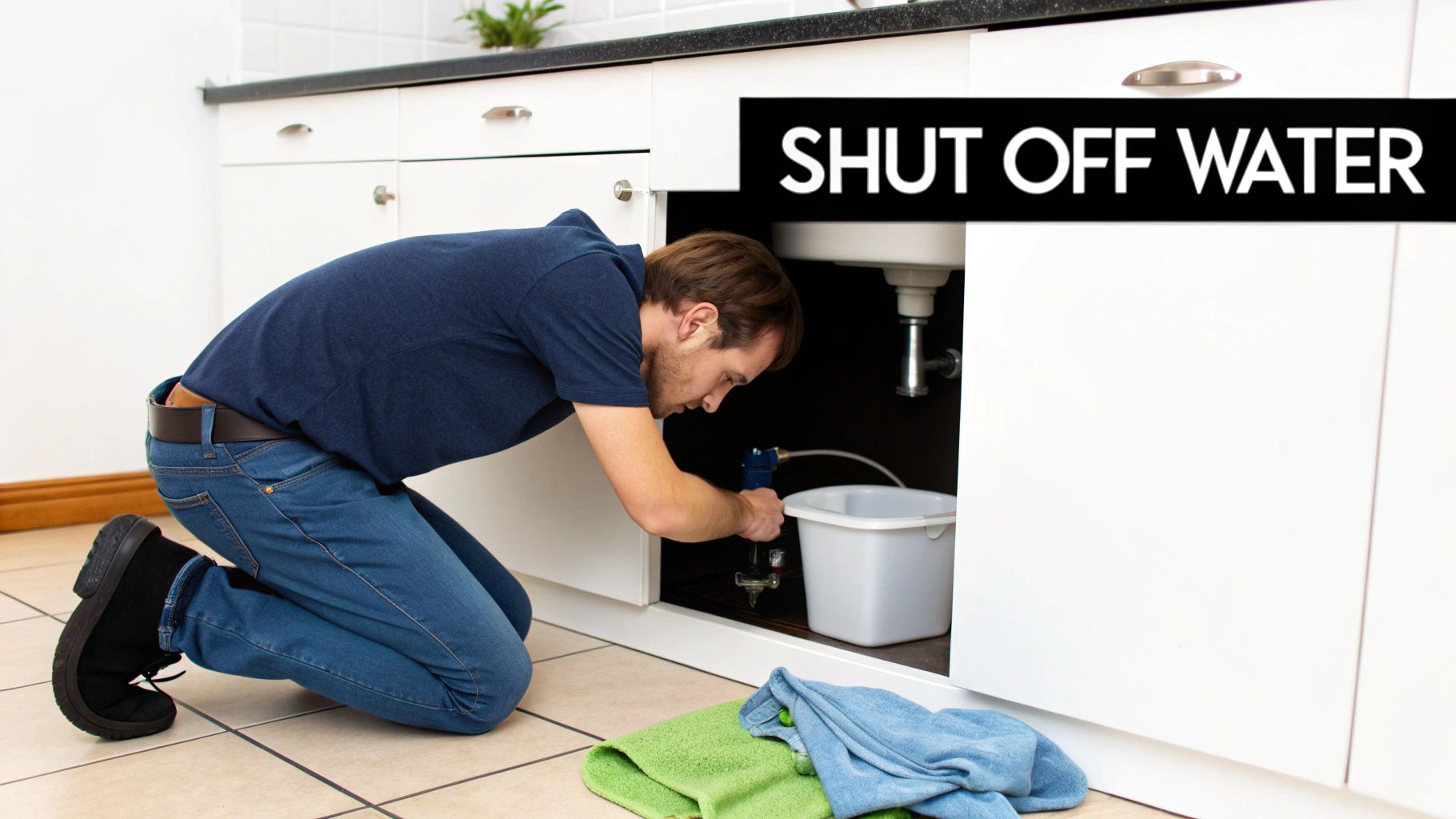 A man kneels under a kitchen sink, turning off the water supply to fix a pipe leak.