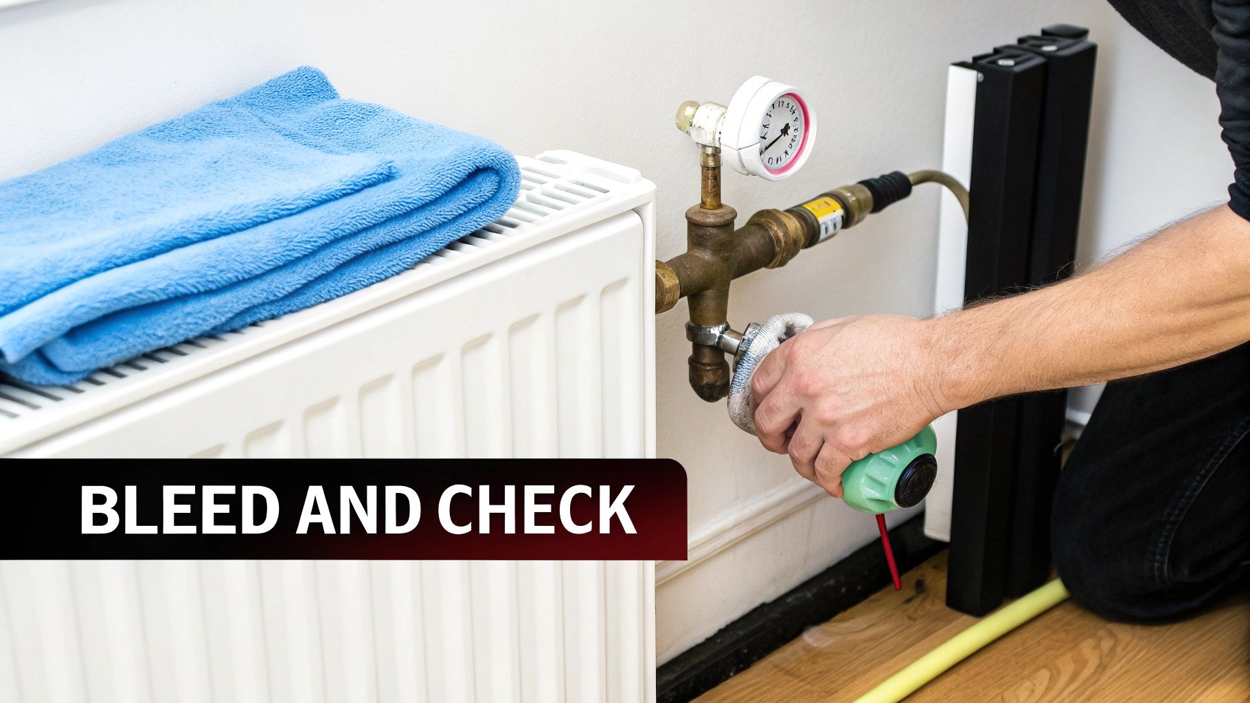 A person bleeds a white radiator using a green tool, checking the pressure gauge.