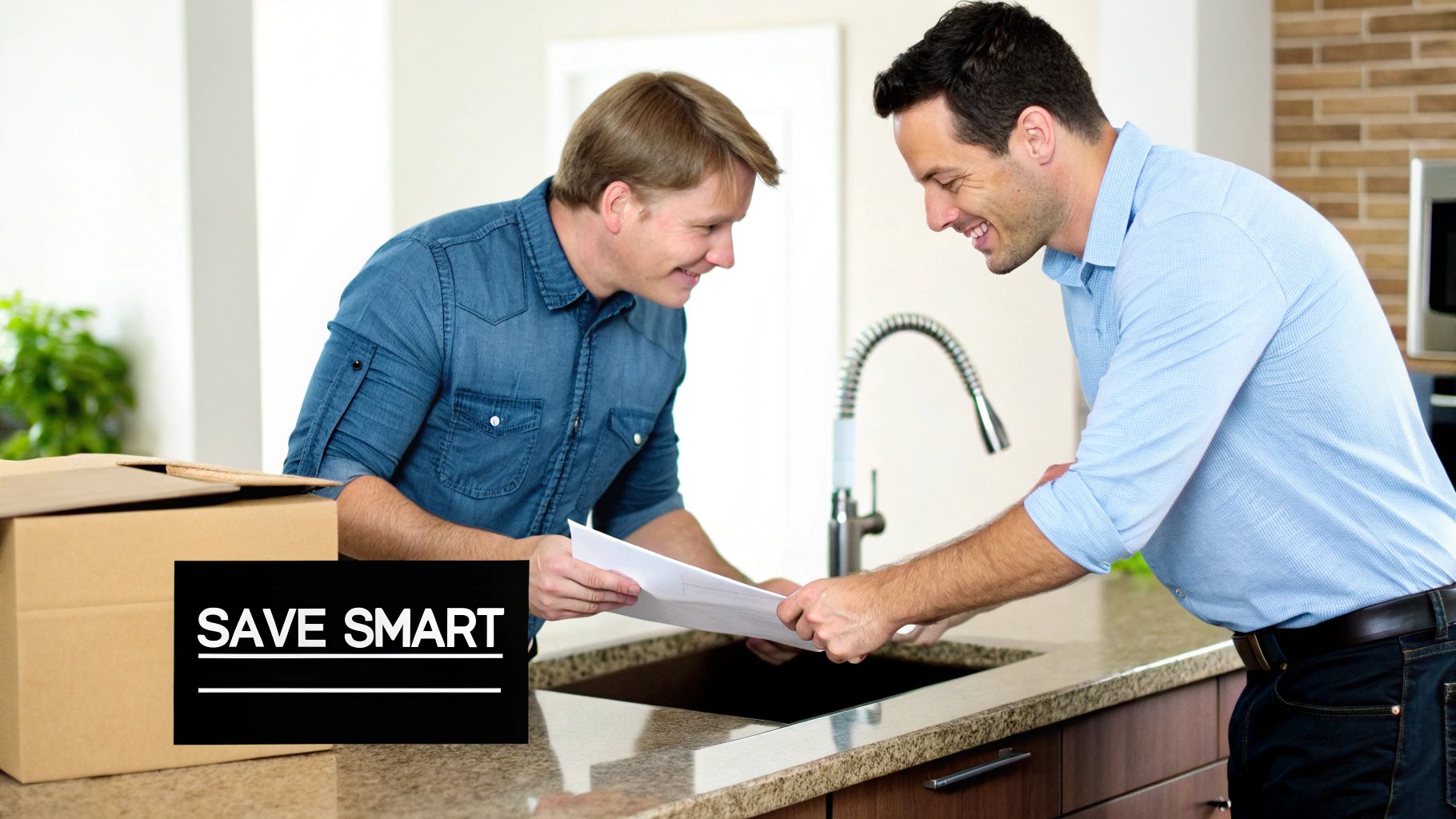 Two cheerful men reviewing documents in a modern kitchen with a sink, tap, and moving box.