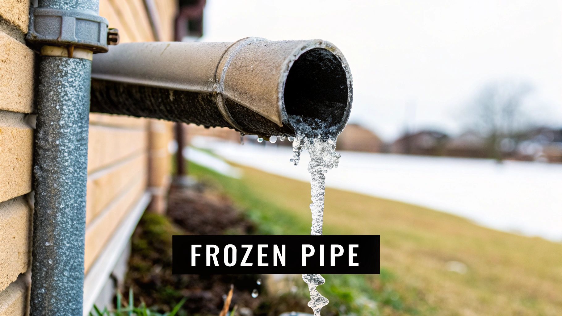 A frozen outdoor pipe attached to a brick wall, with an icicle forming from dripping water on a cold day.