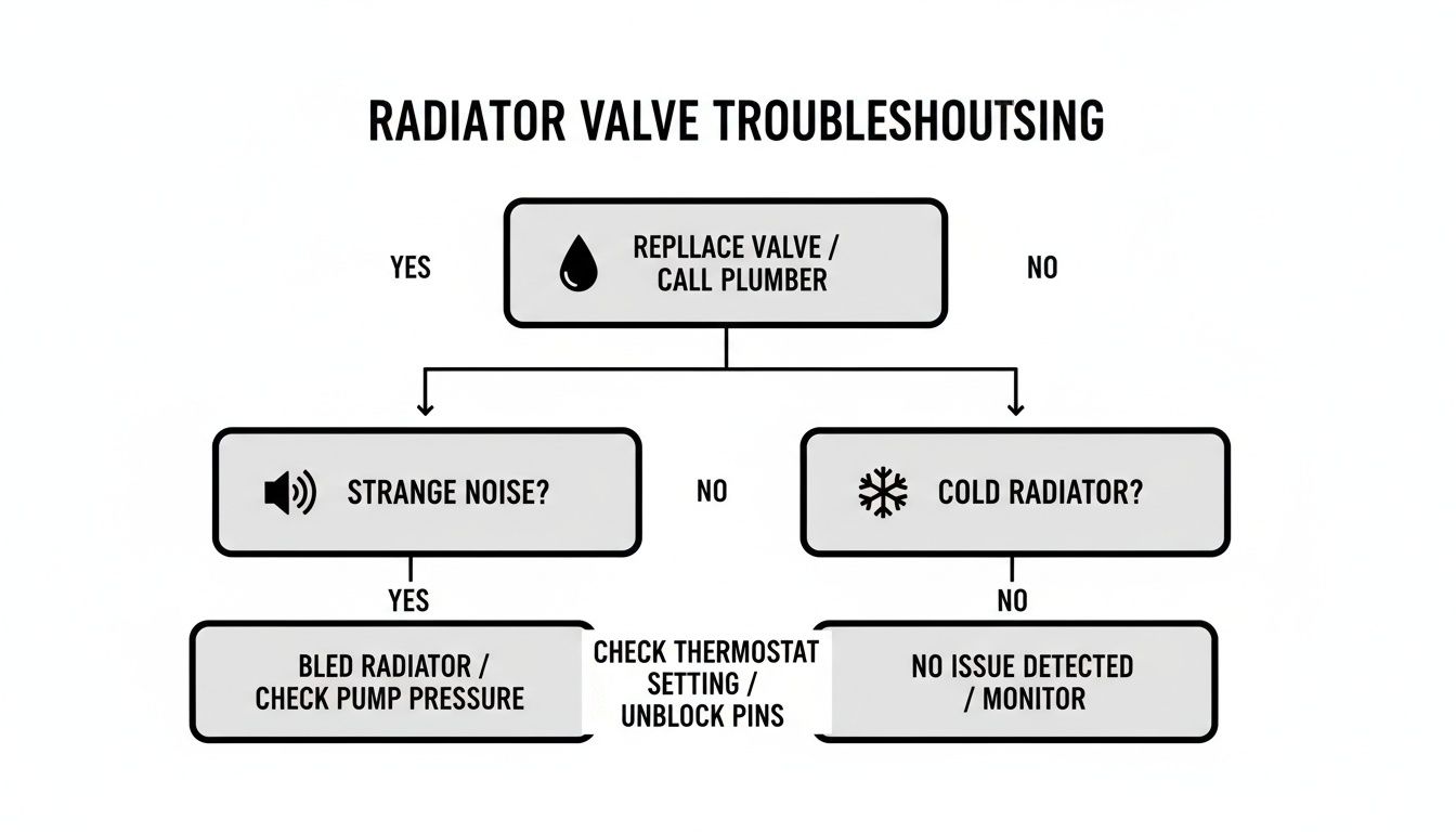 Radiator valve troubleshooting flowchart guiding users through diagnosing leaks, strange noises, and cold radiators.